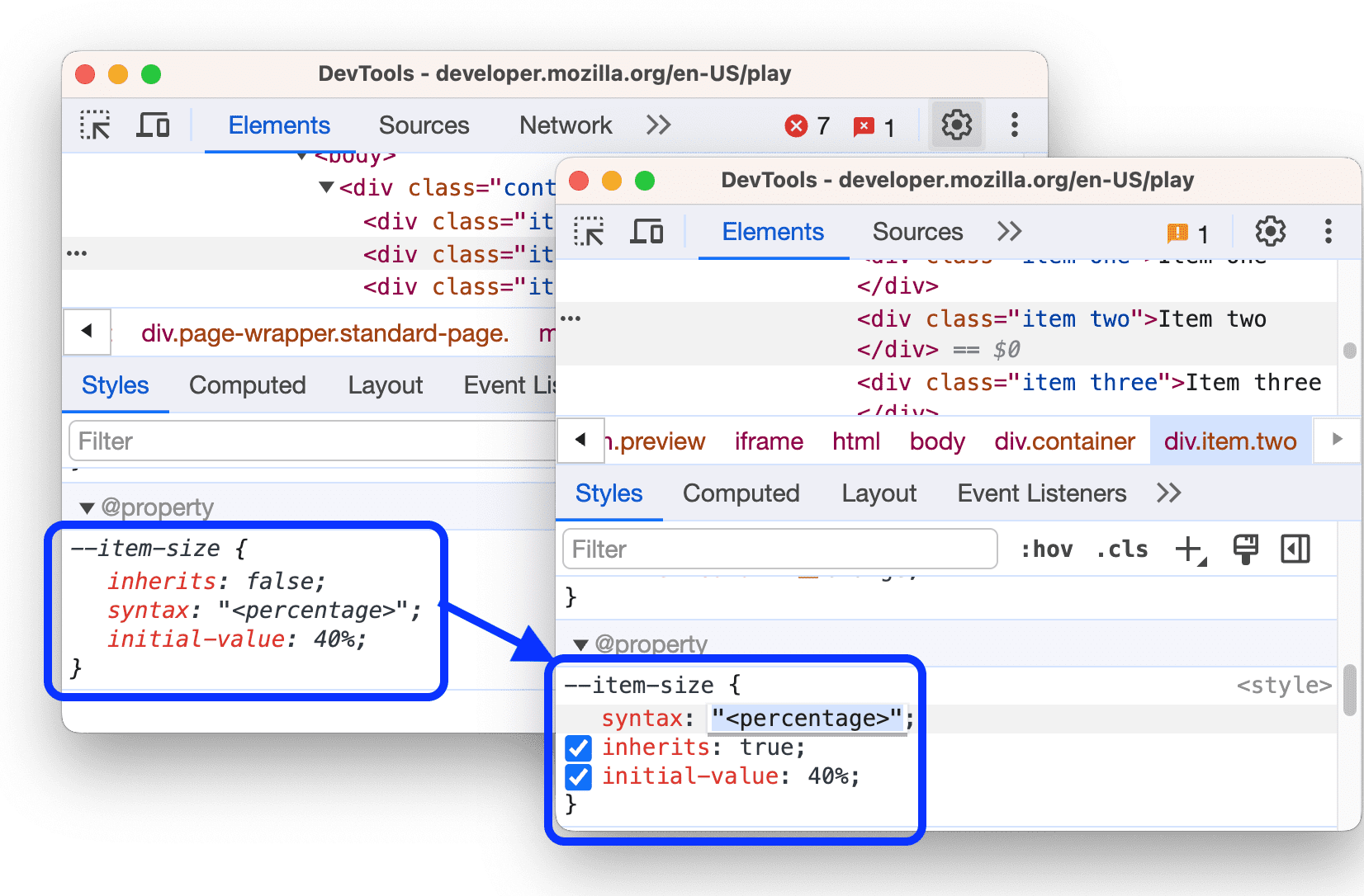 El antes y el después de hacer que la regla de propiedad sea editable.