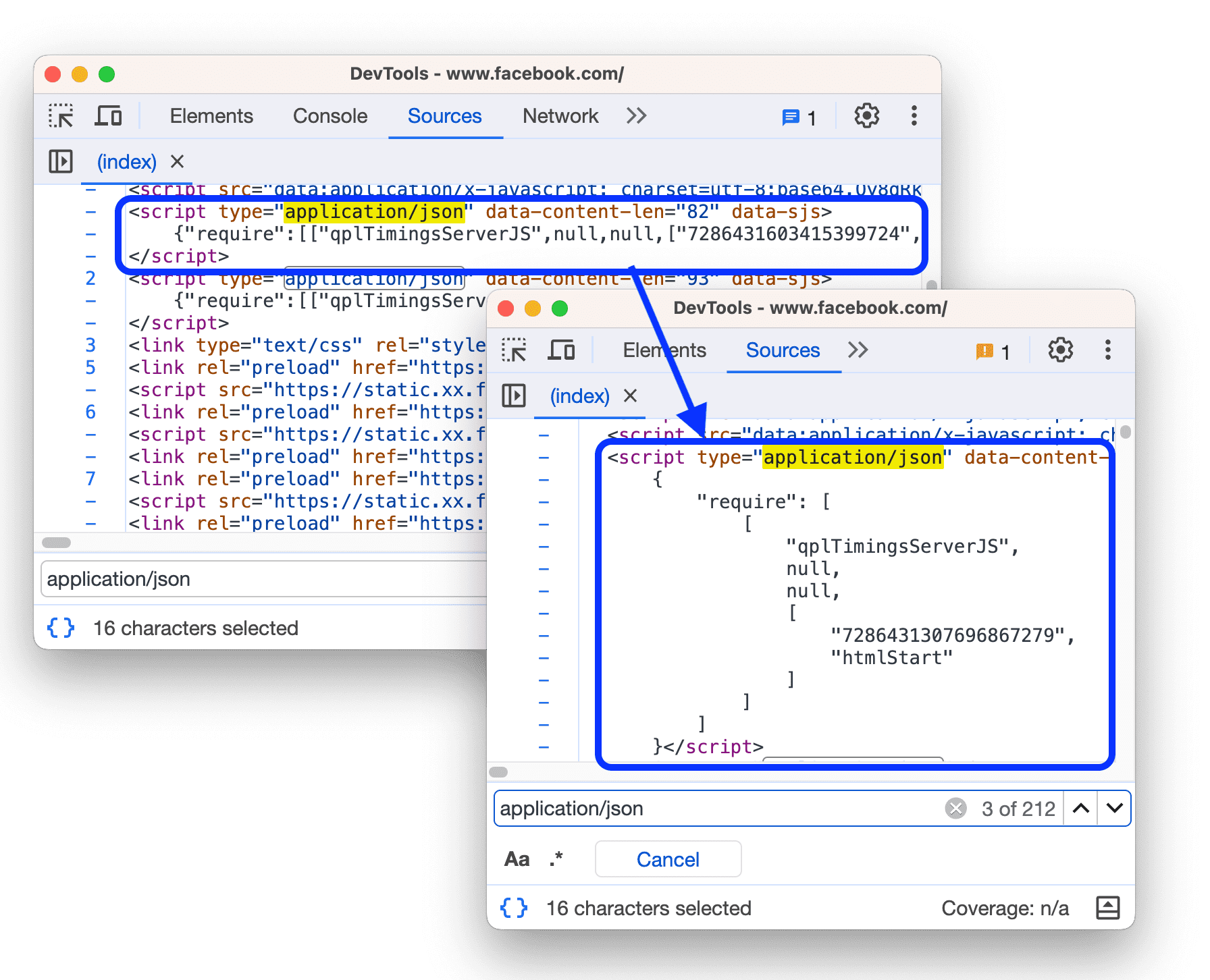 Das Vorher- und Nachher-Inline-JSON im Skript-Tag zur Optimierung des Druckens.
