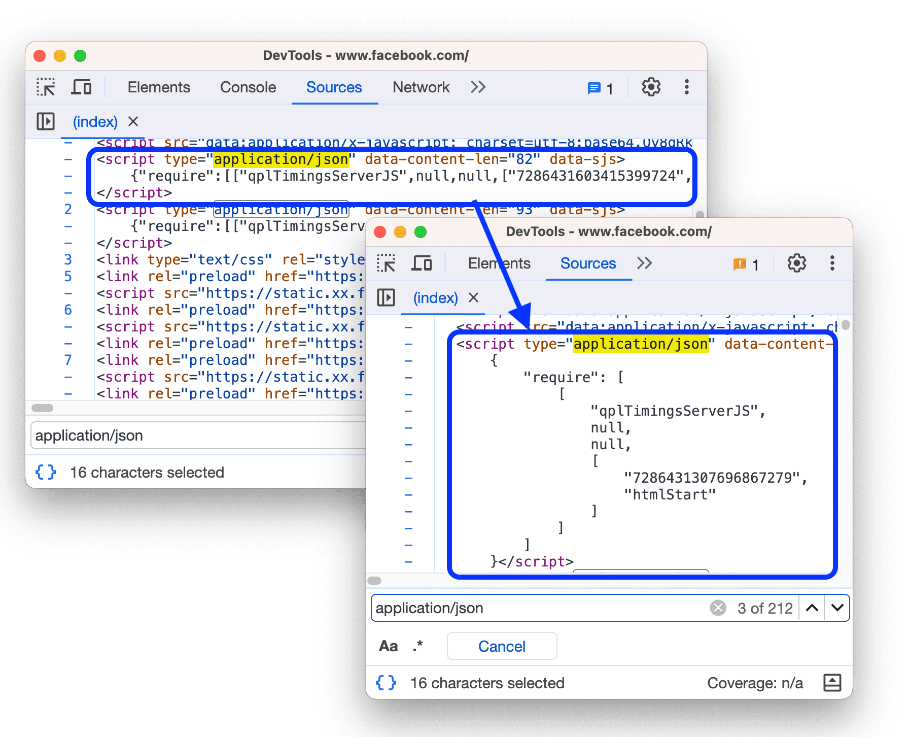 スクリプトタグ内のインライン JSON の書式付き出力の前後の様子。