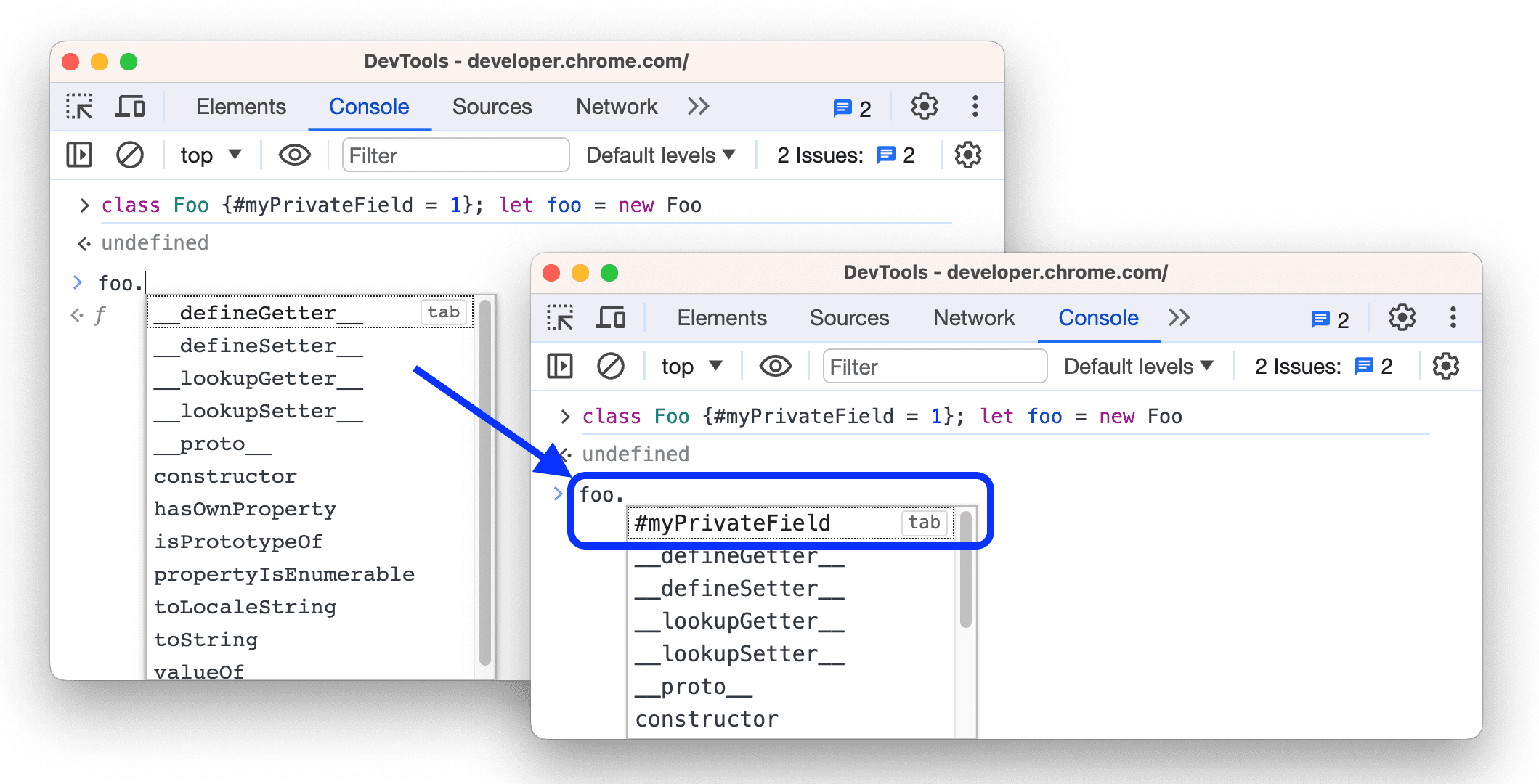 The before and after supporting autocompletion for private class field outside of class scope.