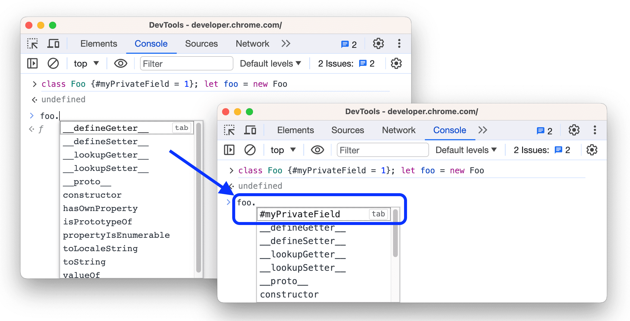 Antes e depois de oferecer suporte ao preenchimento automático para campo de classe particular fora do escopo da classe.