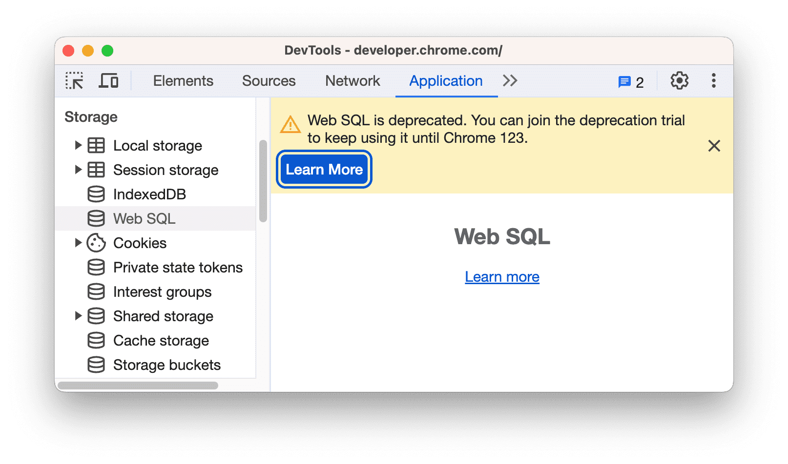 Web SQL の非推奨に関する警告。
