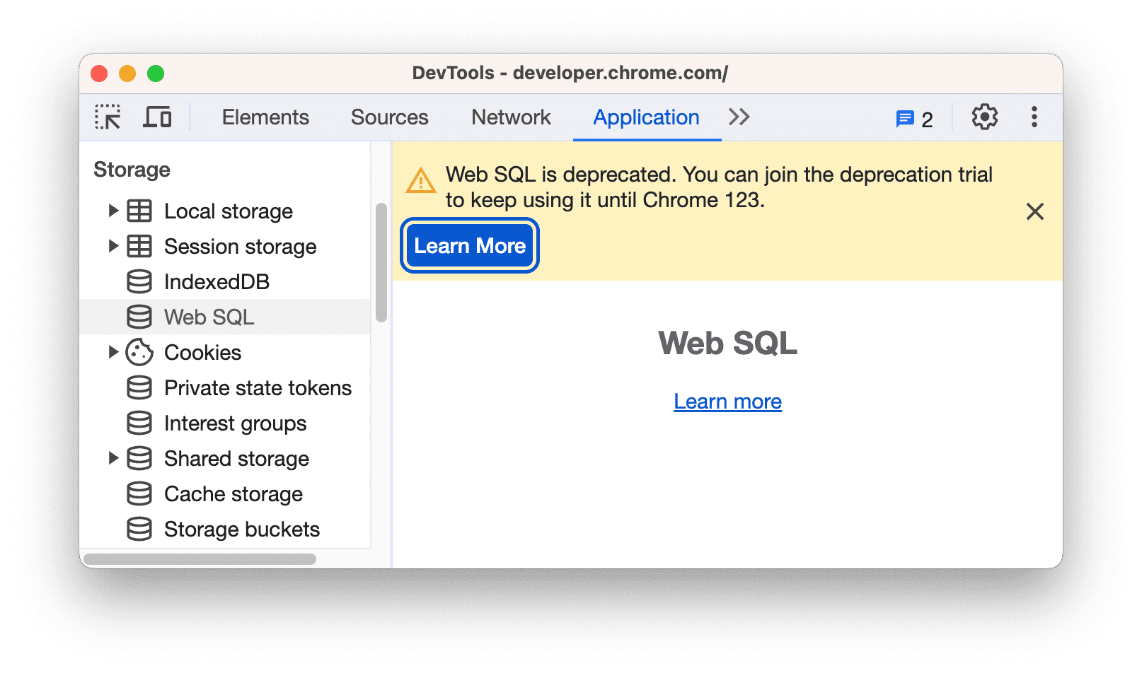 Die Warnung zur Einstellung von Web SQL.