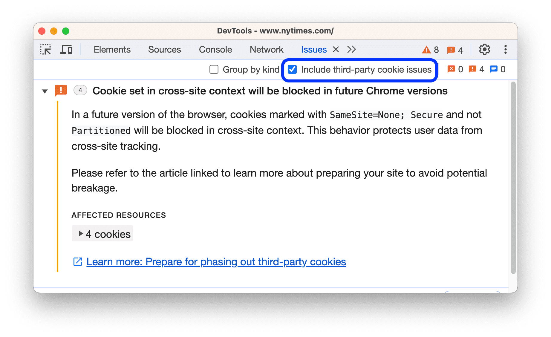 Warnung zur bevorstehenden Einstellung von Drittanbieter-Cookies auf dem Tab „Probleme“.