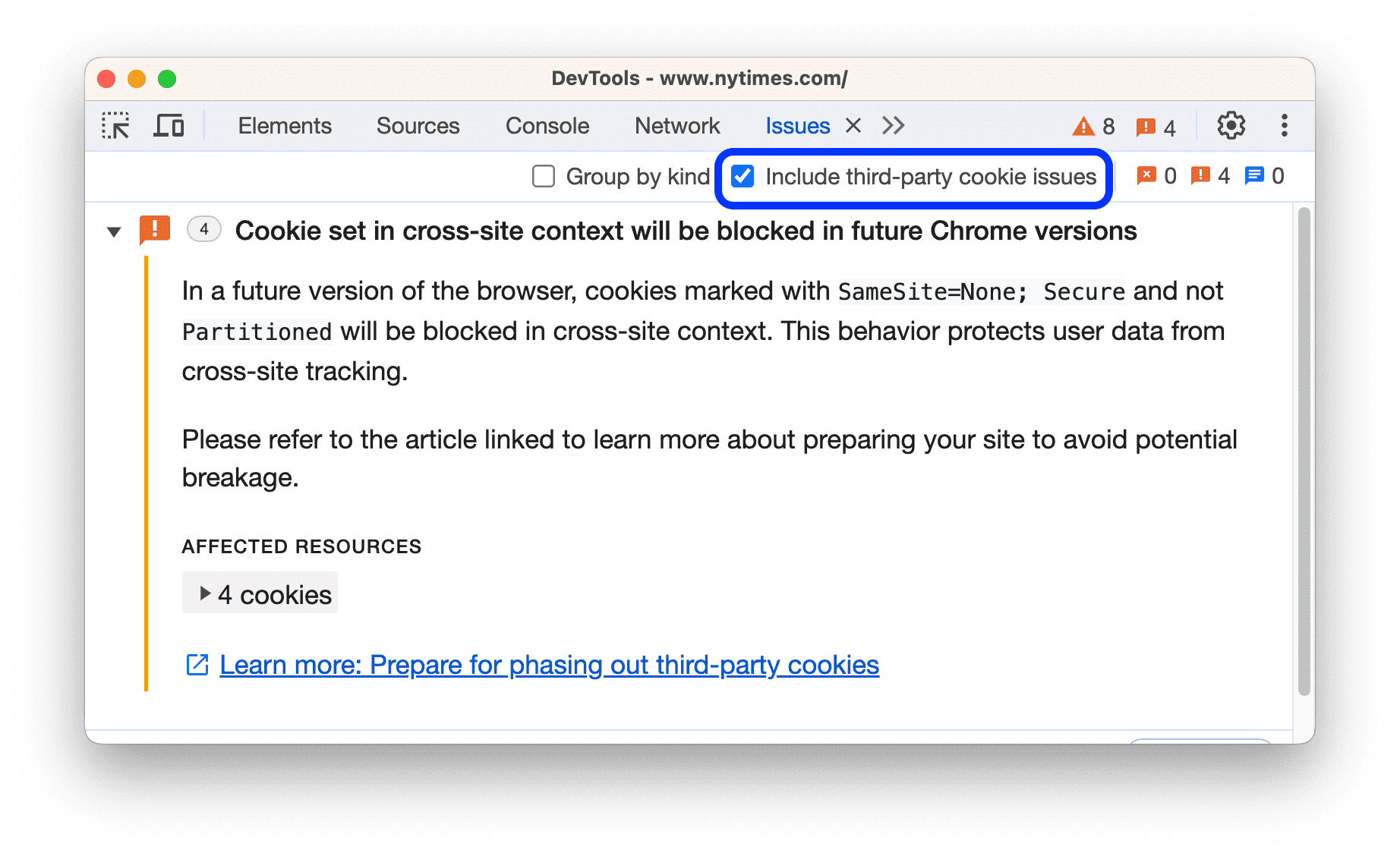 A warning about the upcoming third-party cookie deprecation in the Issues tab.