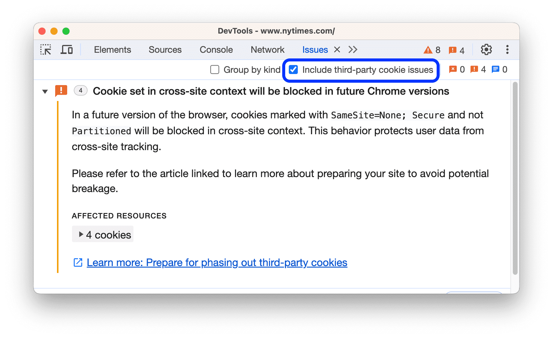 Предупреждение о предстоящем прекращении поддержки сторонних файлов cookie находится во вкладке «Проблемы».
