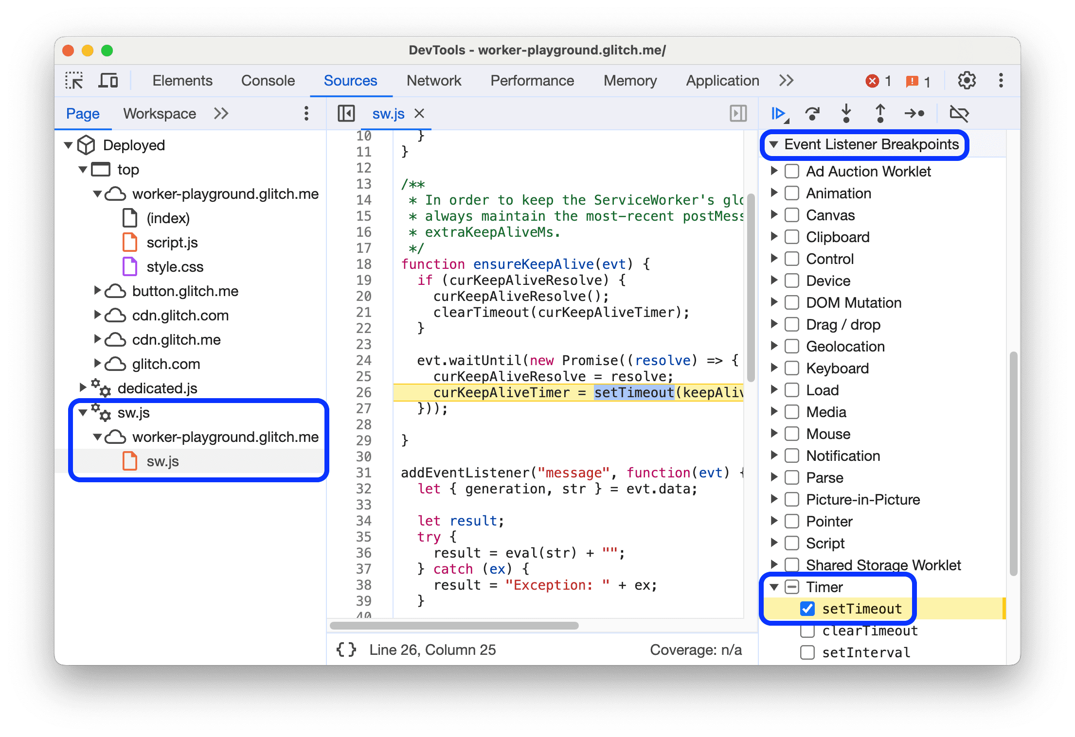 在服務工作站呼叫設定的逾時函式時，Debugger 就會暫停。