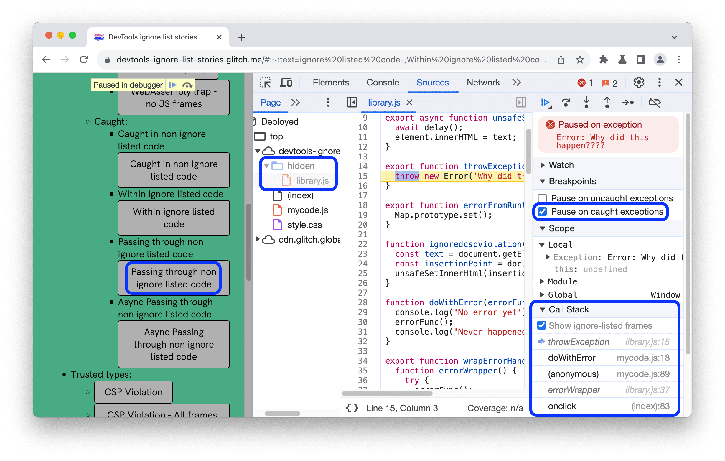 Pause on a caught exception that passed through non-ignored code.