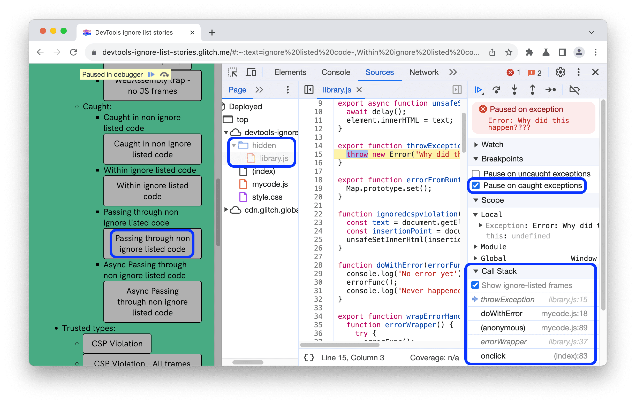 Mettre en pause une exception interceptée qui a traversé du code non ignoré.