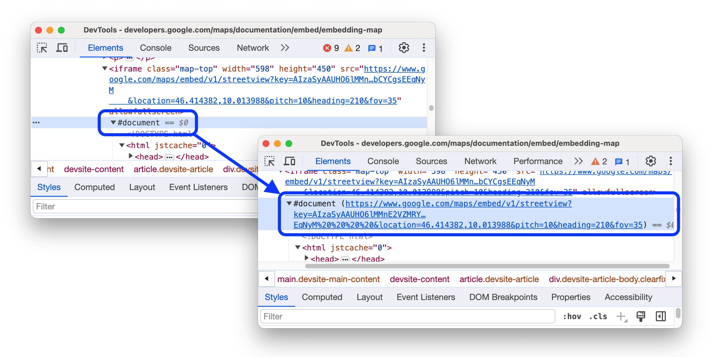 Önceki ve sonraki sürümlerde #document düğümünün yanında documentURL gösteriliyor.