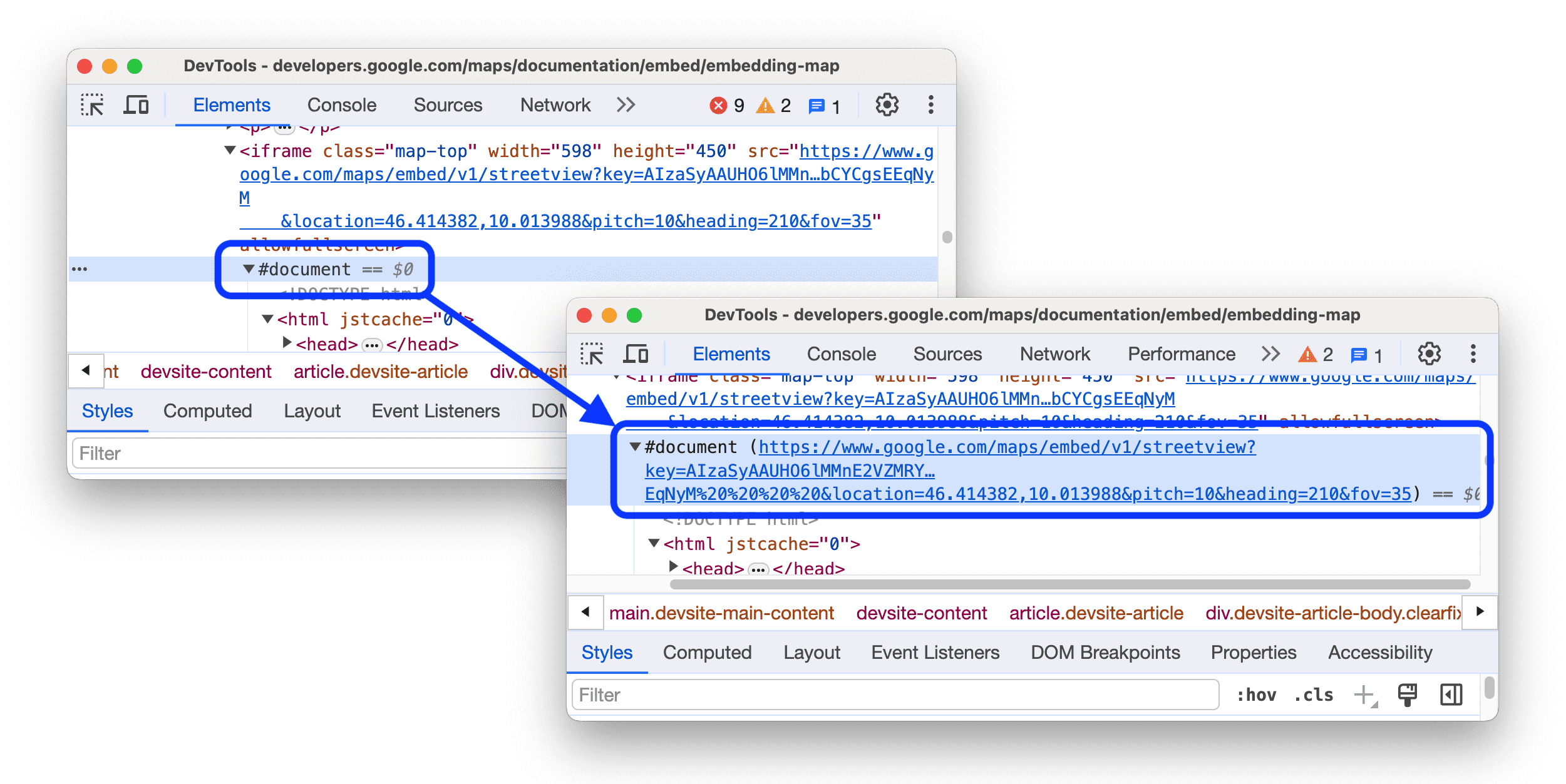 Im Vorher- und Nachher-Ergebnis wird „documentURL“ neben dem Knoten „#document“ angezeigt.