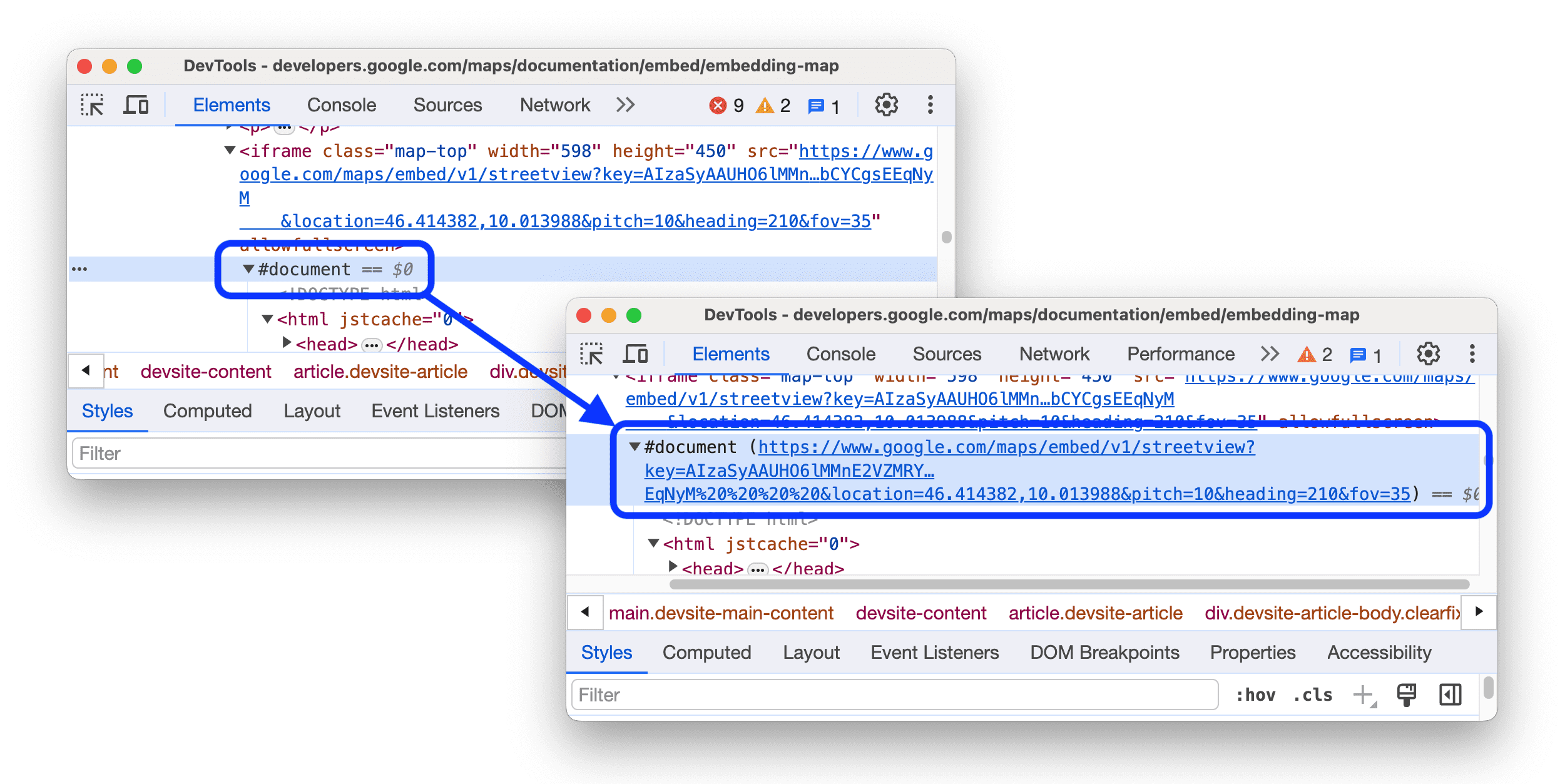 До и после показывает URL-адрес документа рядом с узлом #document.
