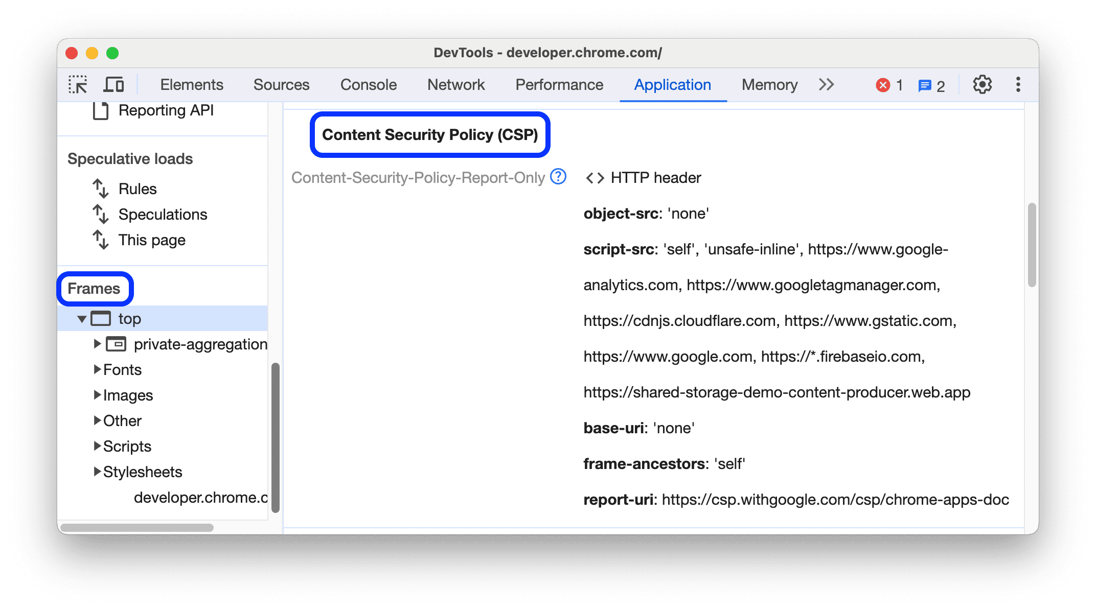 [Application] タブにある [Content Security Policy] セクション。