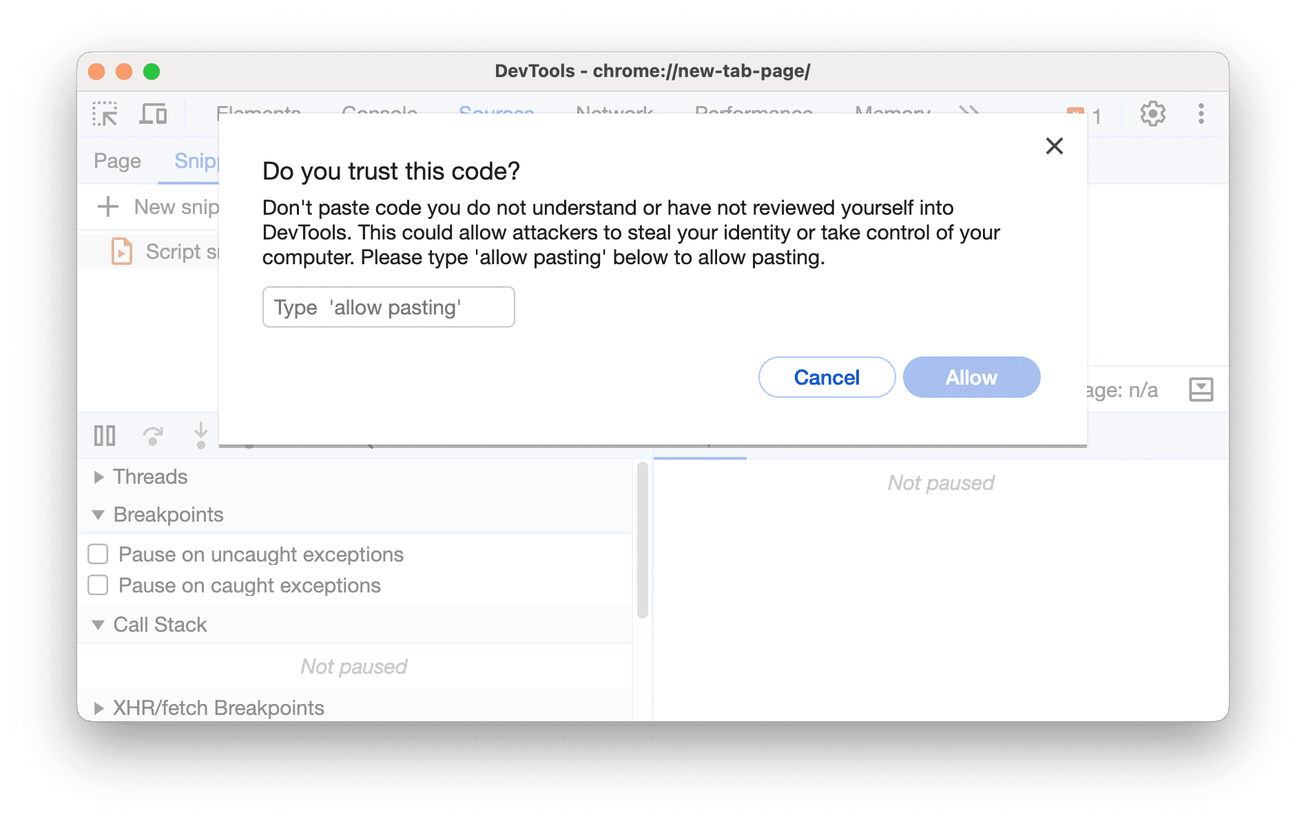 La question &quot;Faites-vous confiance à ce code ?&quot; lorsque vous collez du code dans &quot;Sources&quot;.