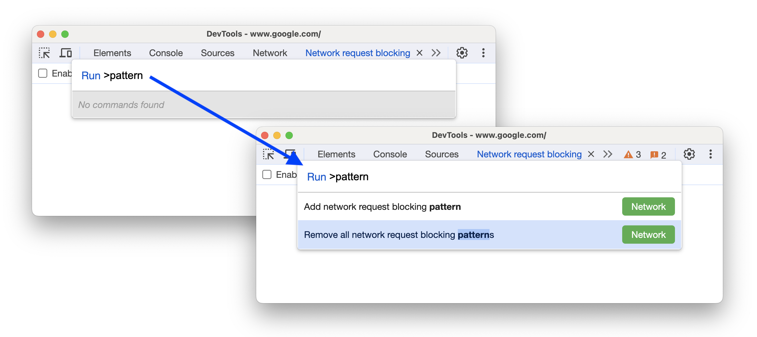 The before and after adding new commands to add or remove network blocking patterns.