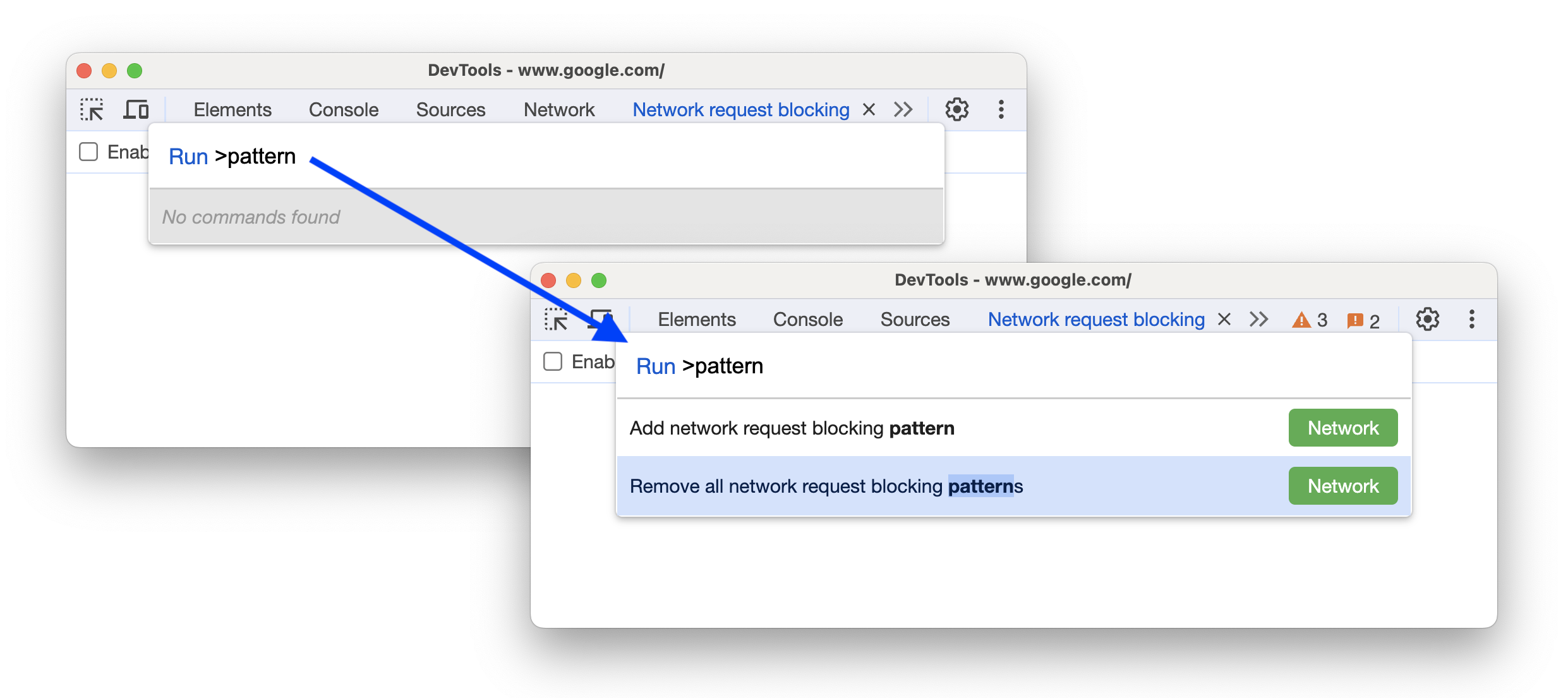 Ağ engelleme desenleri eklemek veya kaldırmak için yeni komutlar eklemeden ve ekledikten sonraki durum.