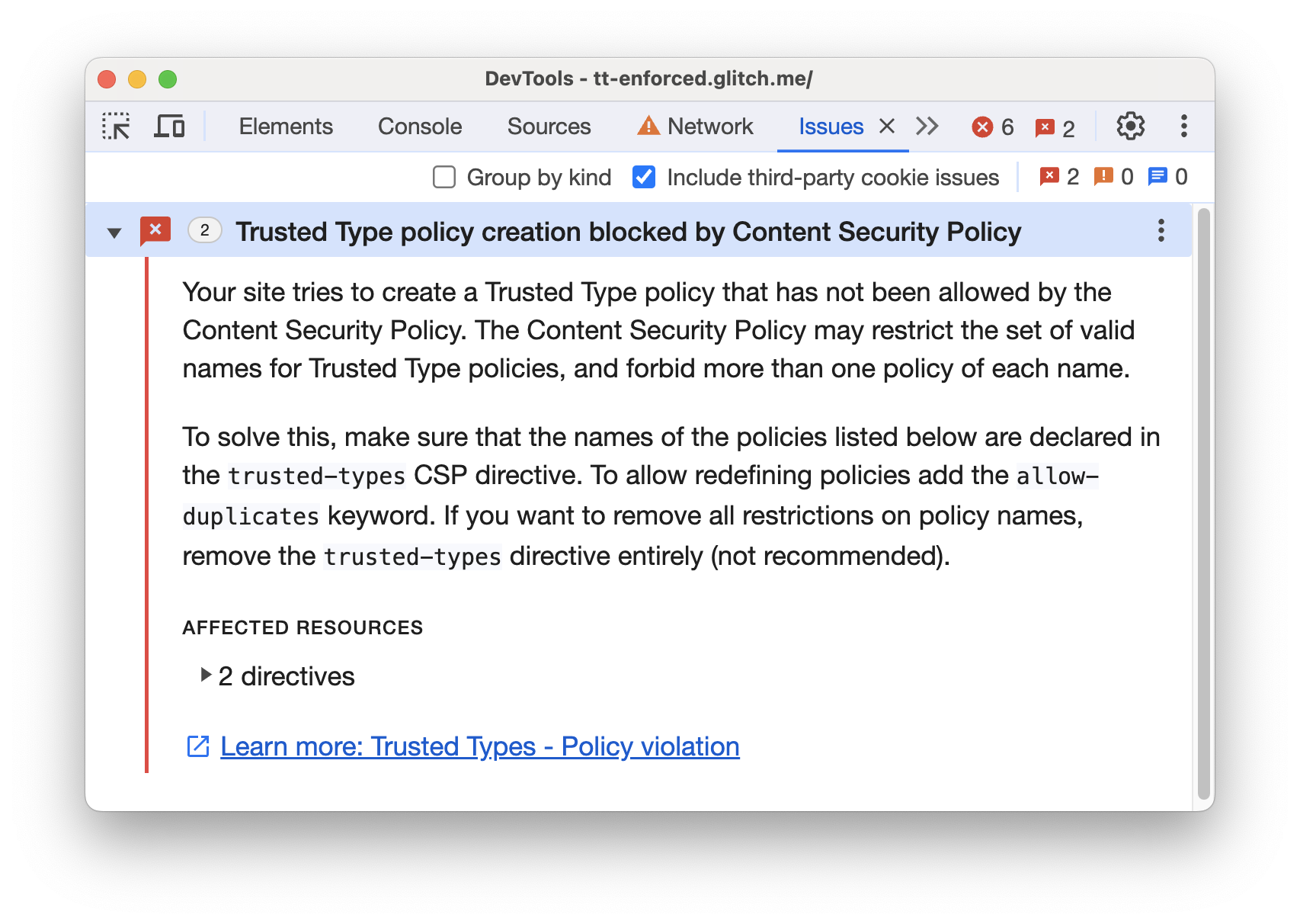 A Política de Segurança de Conteúdo no painel "Application".