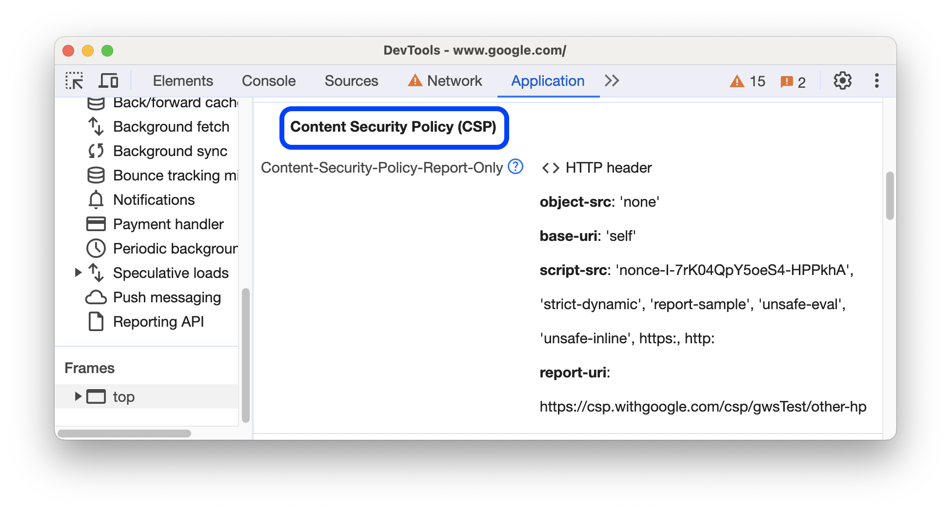 Règle Content Security Policy dans le panneau &quot;Application&quot;.