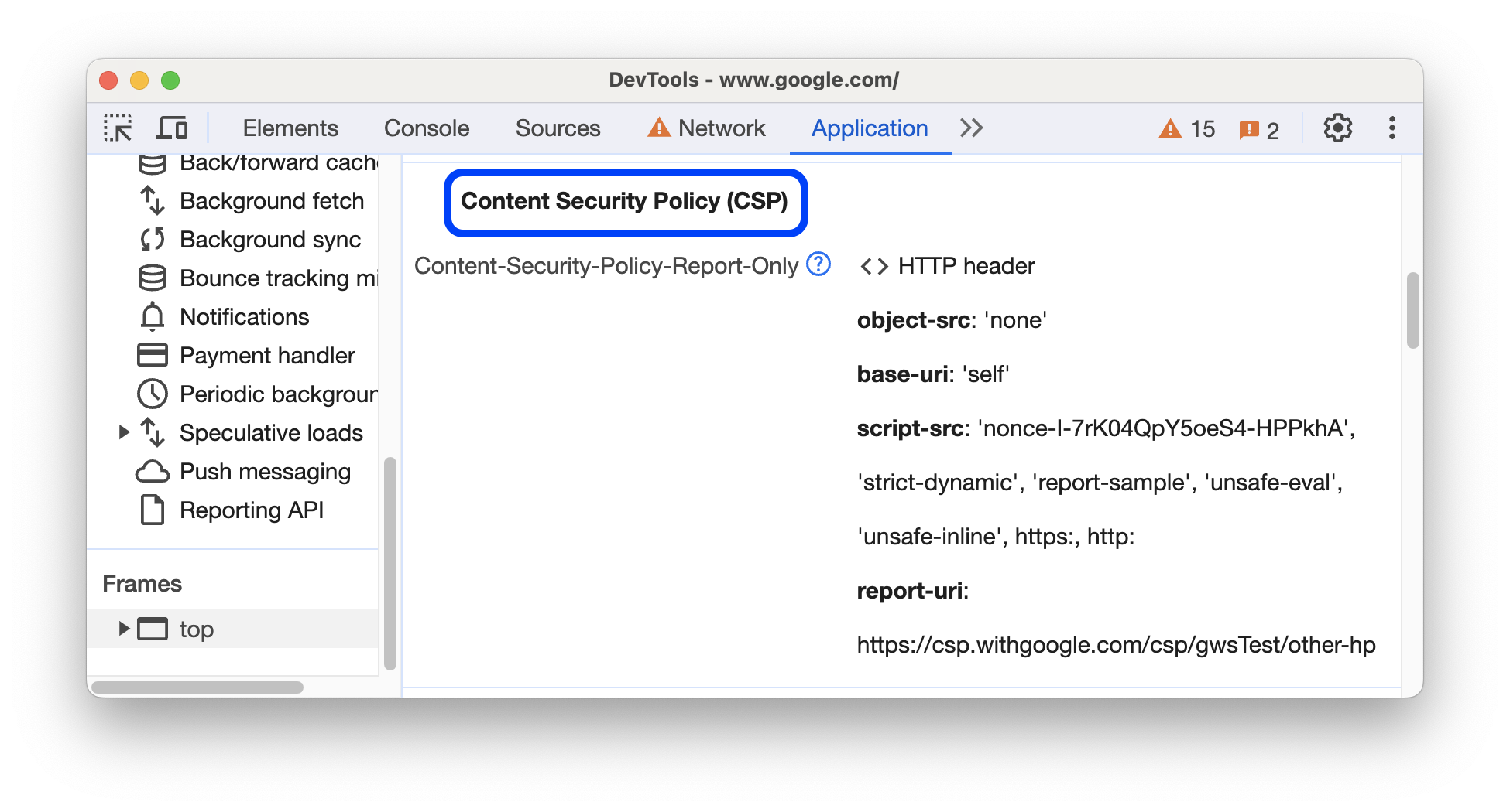 Content Security Policy di panel Application.