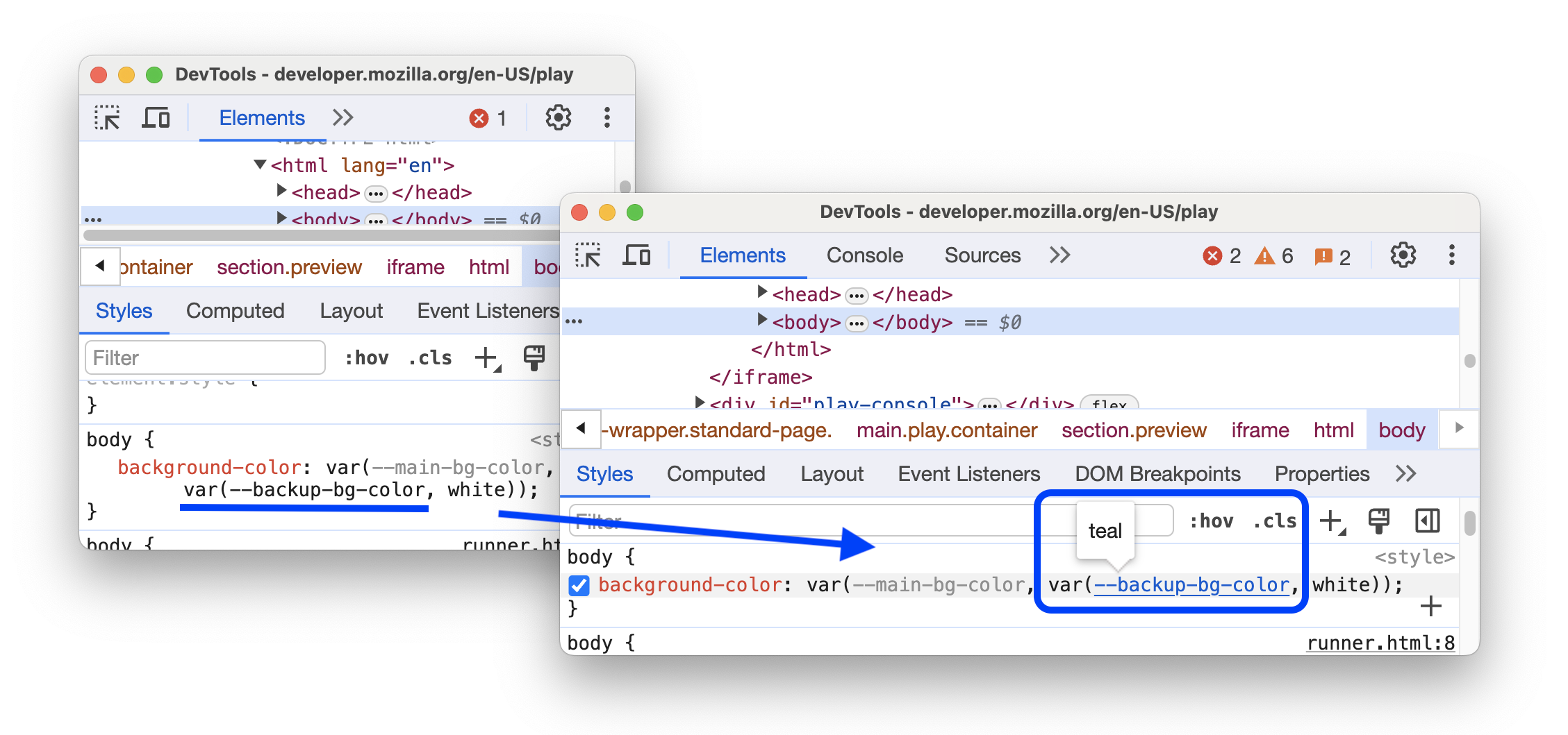 ก่อนและหลังการแก้ไขพร็อพเพอร์ตี้ที่กำหนดเองเป็นพร็อพเพอร์ตี้สำรองของพร็อพเพอร์ตี้ที่กำหนดเองอีกรายการ