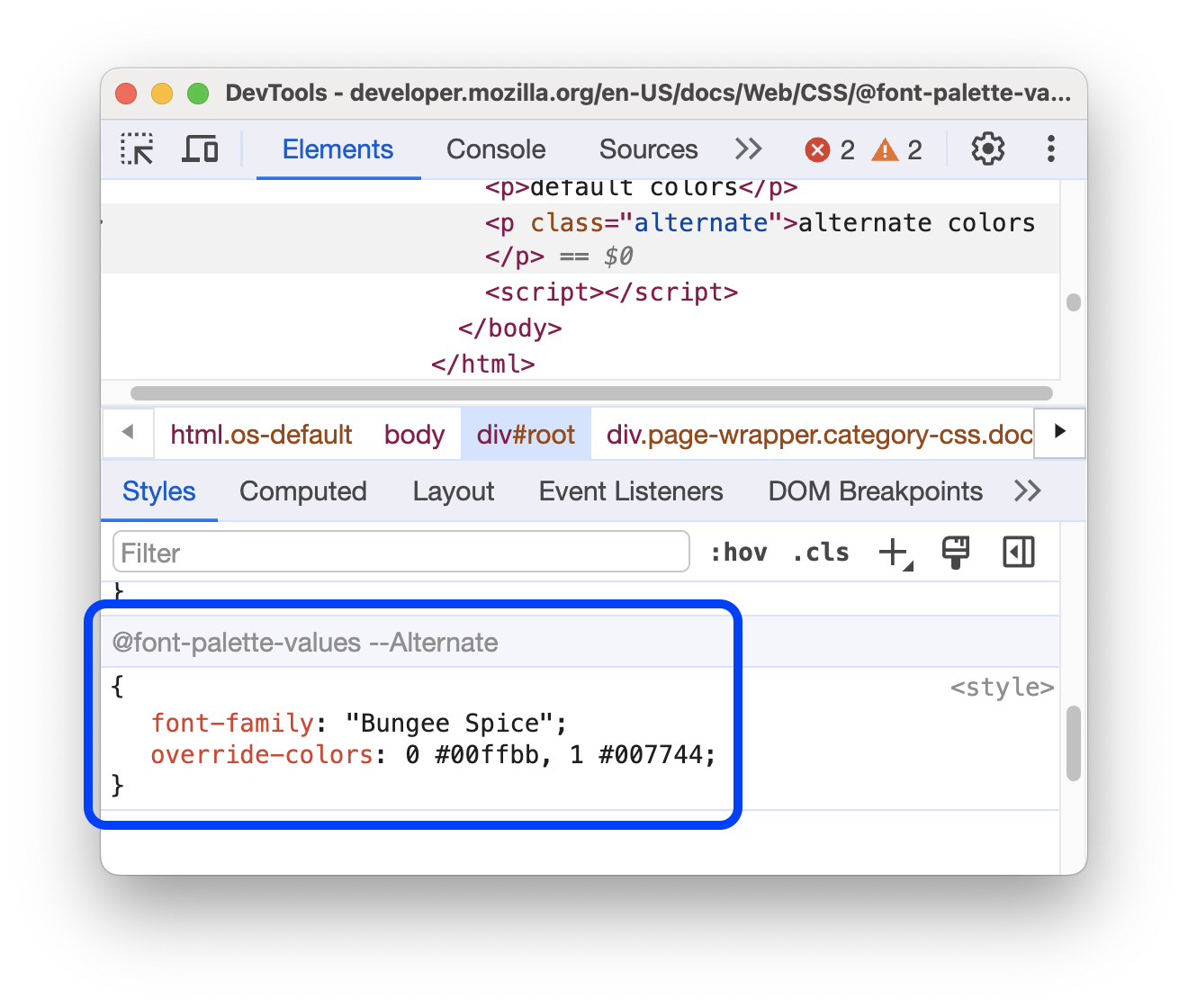 Section "@font-palette-values" dans "Styles".
