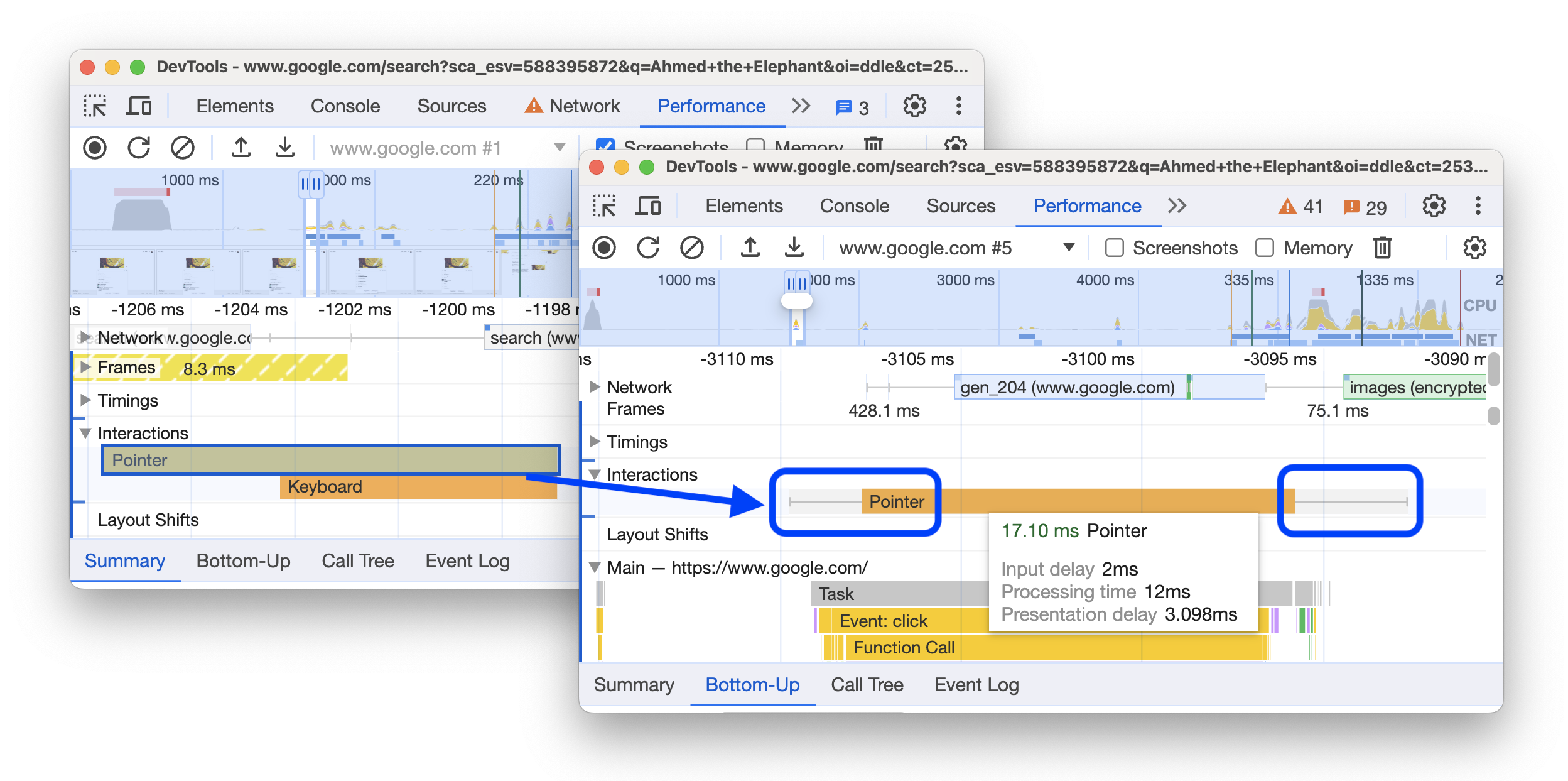 Das Bild zeigt den Interaktions-Track vor und nach dem Hinzufügen von Whisker-Linien.