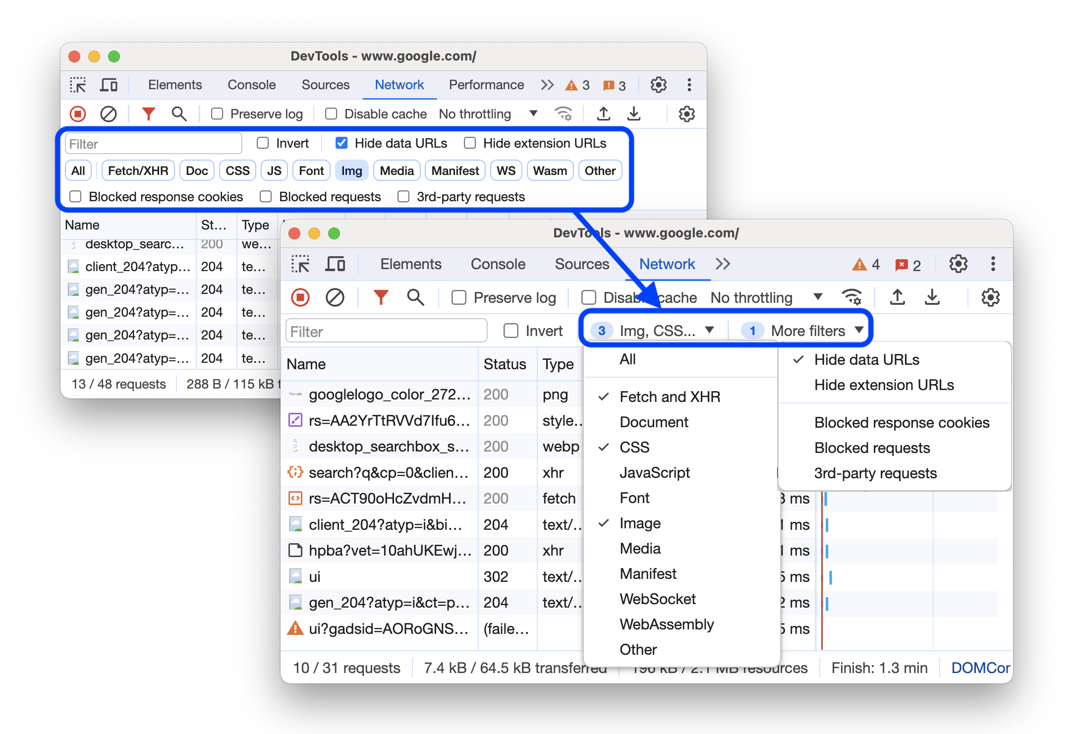 The before and after streamlining the filter bar in the Network panel.