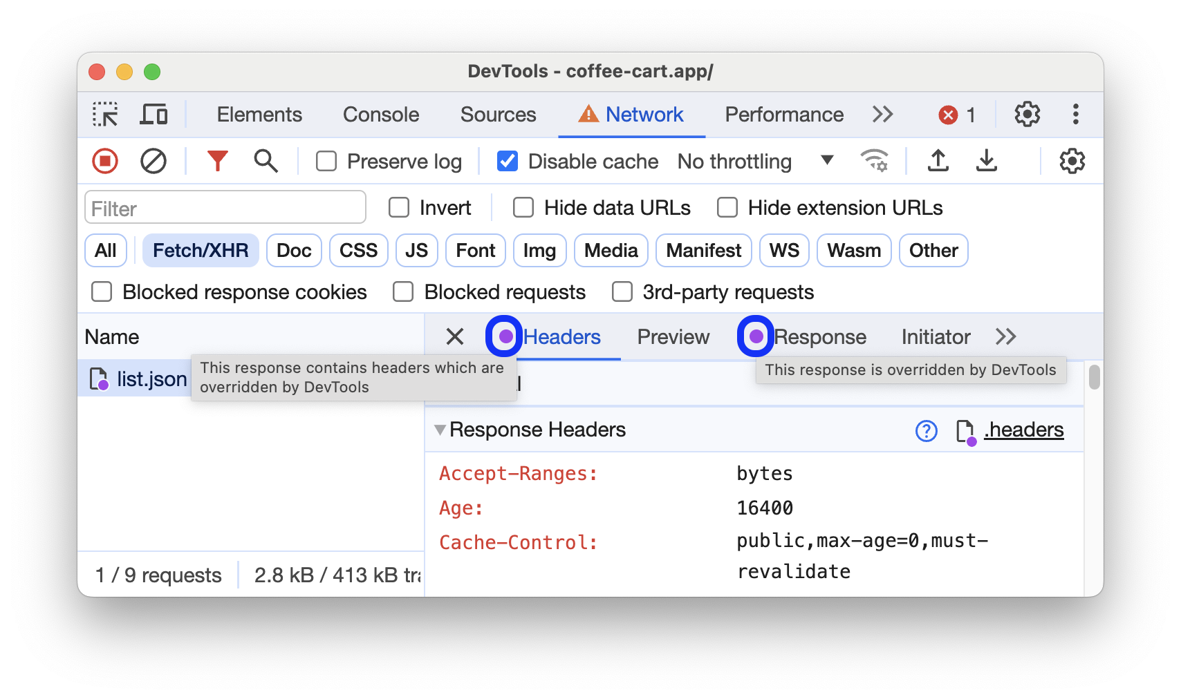 হেডার এবং রেসপন্স ট্যাবে বেগুনি ডট আইকনের পাশে নতুন টুলটিপস।