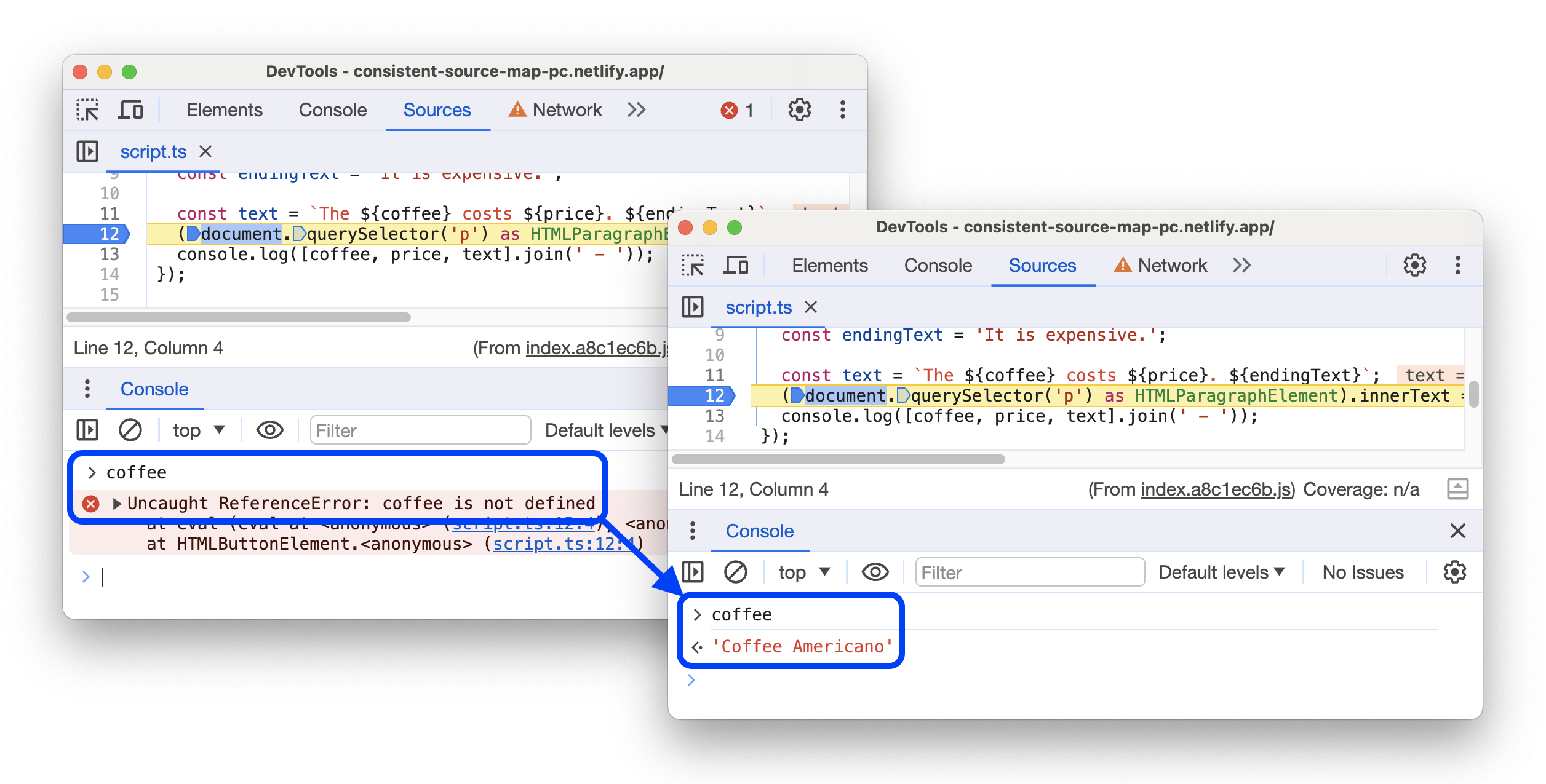 Die Variablen vor und nach der Auswertung der ursprünglichen Variablen in der Console