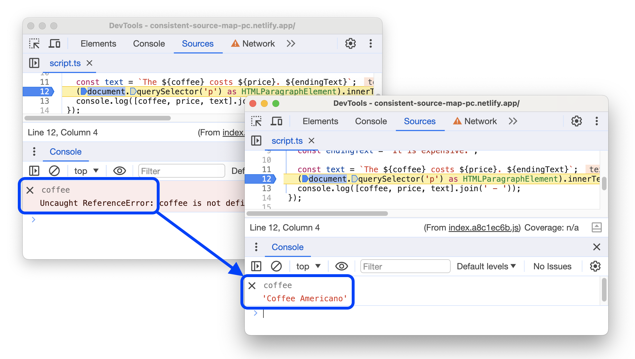 Die Variablen vor und nach der Auswertung der ursprünglichen Variablen als Live-Ausdrücke in der Console.