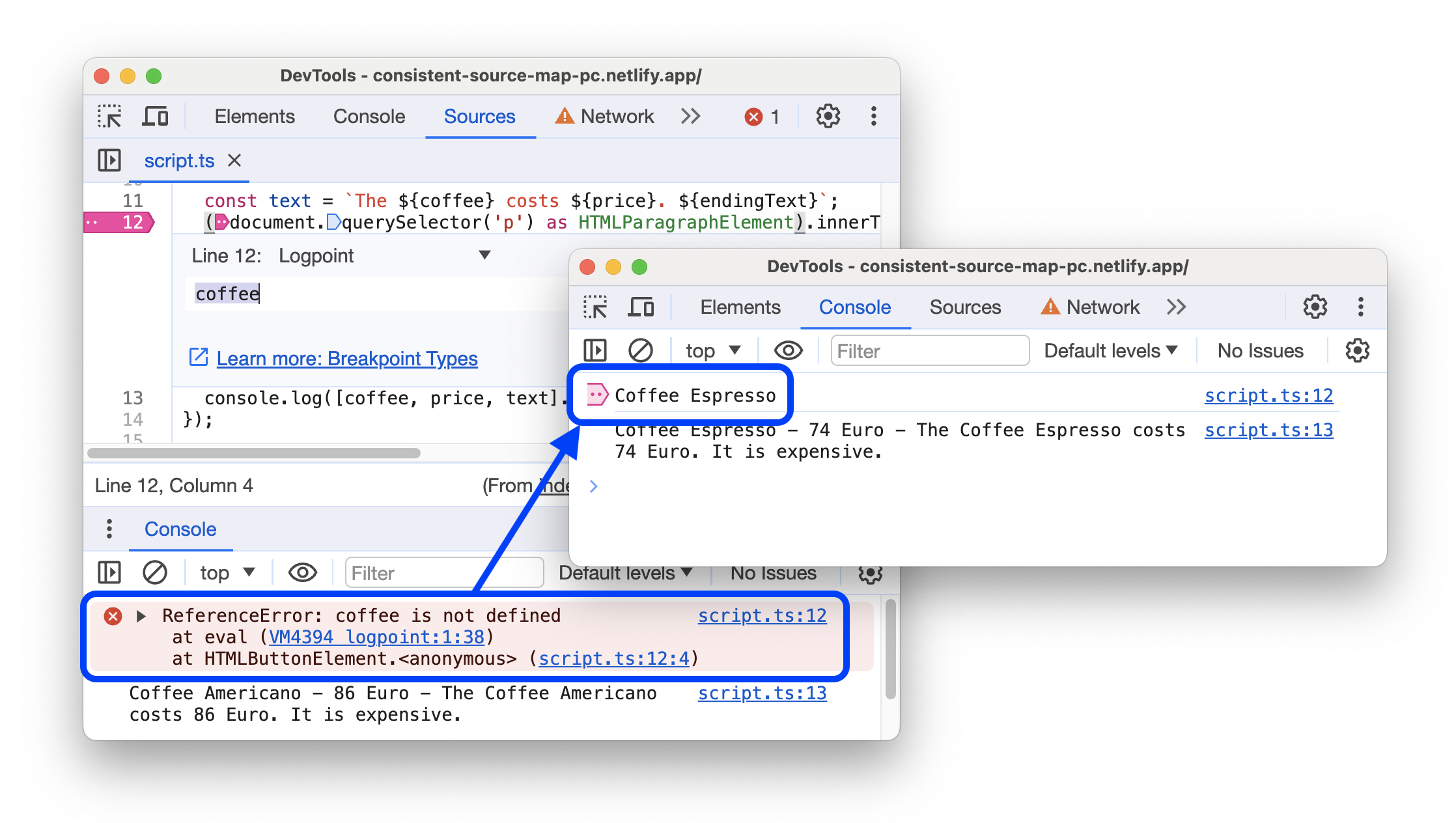 Sebelum dan sesudah mengevaluasi variabel asli di titik log.