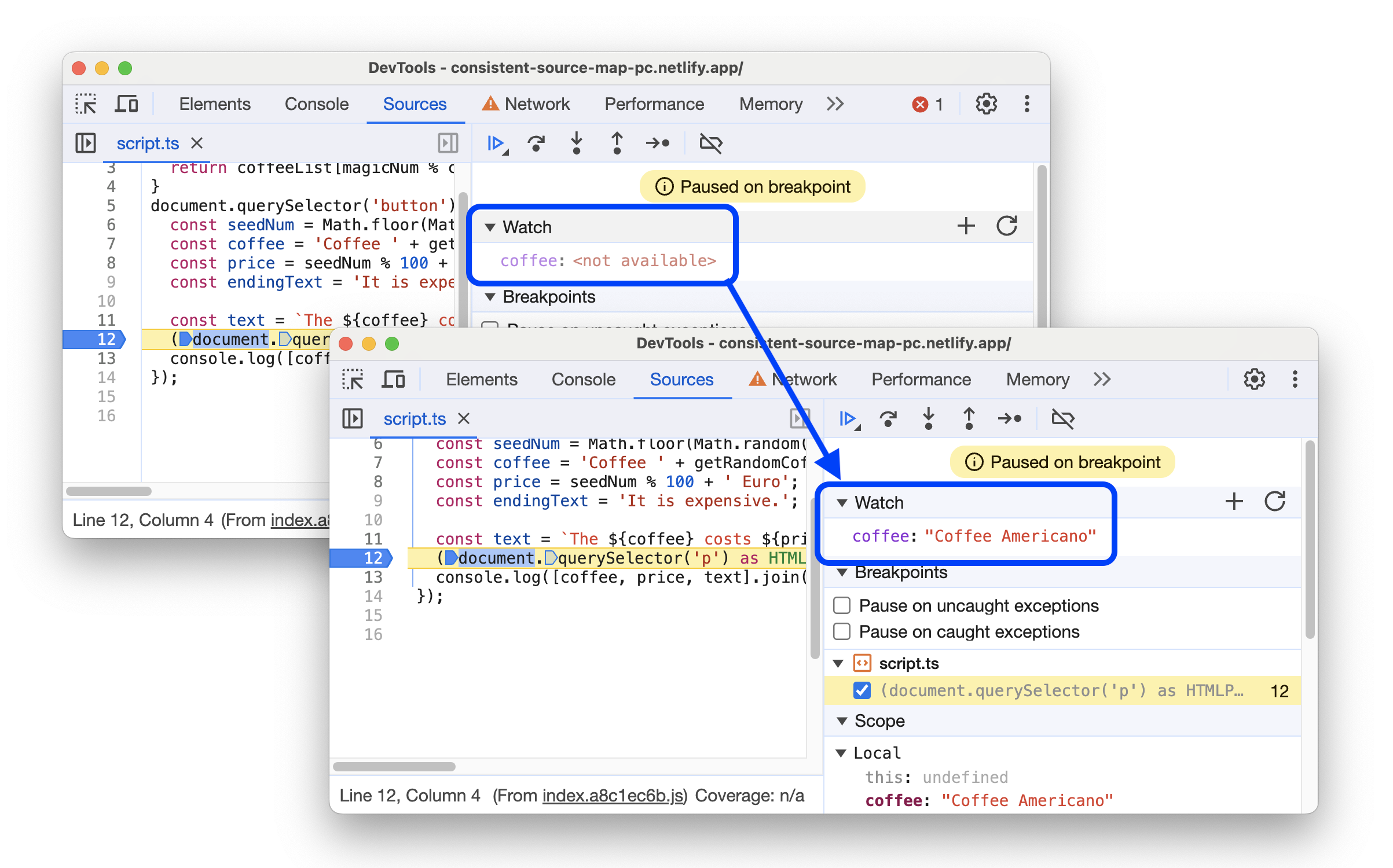 Sebelum dan sesudah mengamati variabel asli di Debugger.