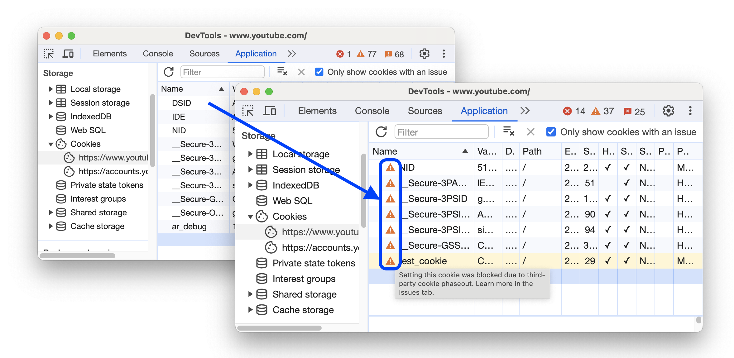 [Application] パネルでサードパーティ Cookie をハイライト表示する前と後。