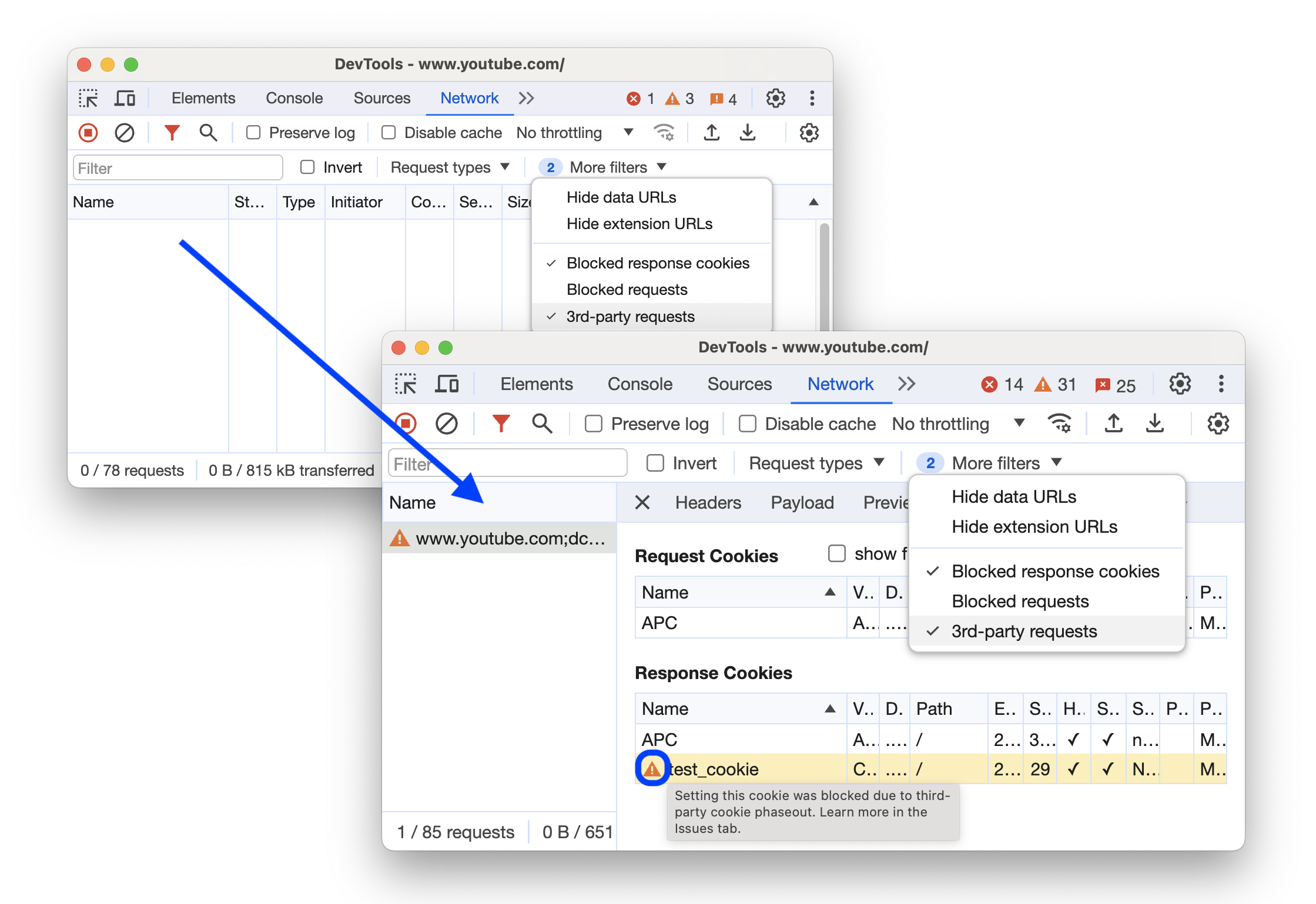 [ネットワーク] パネルでのサードパーティ Cookie の取得前と取得後。