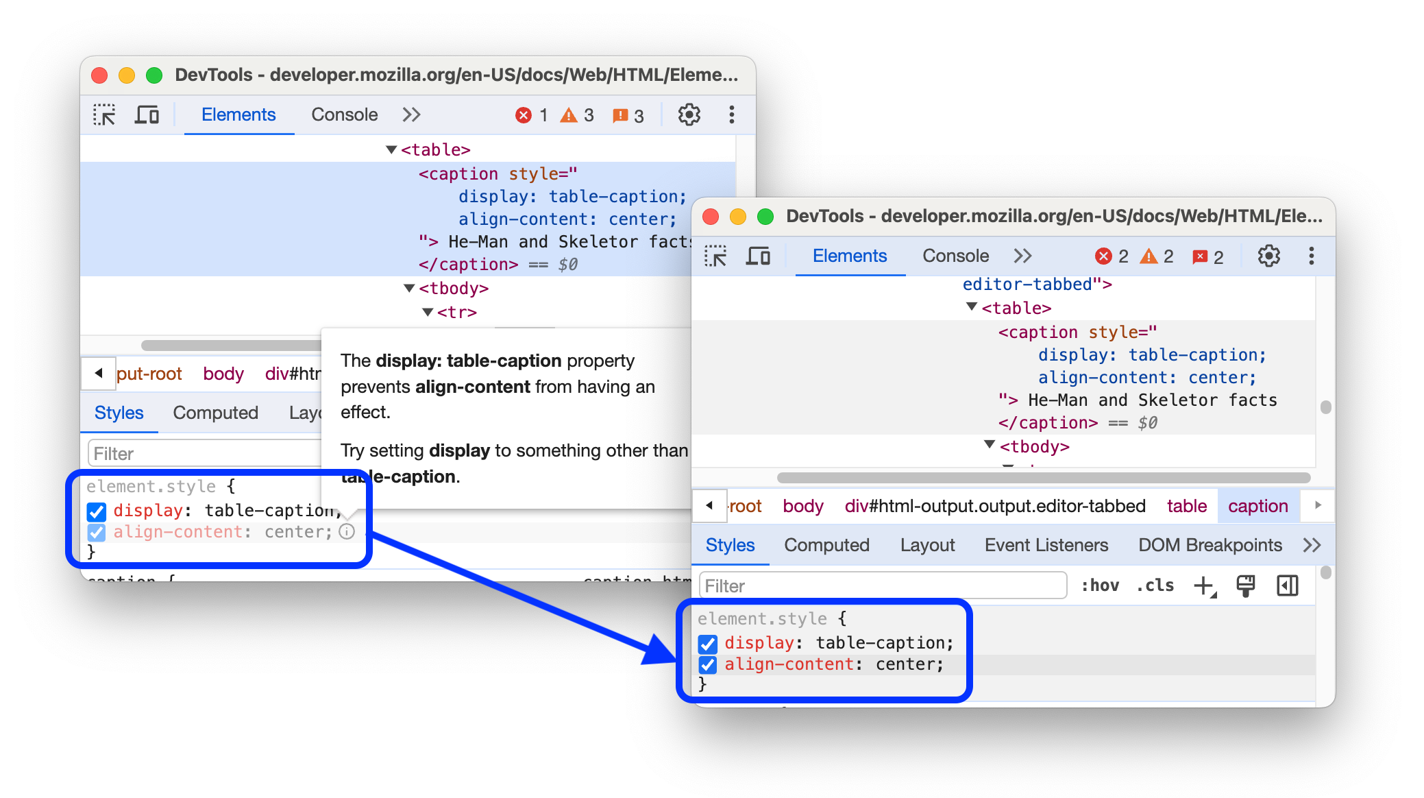 Die Unterstützung von „align-content“ vor und nach der Änderung in Blockcontainern.