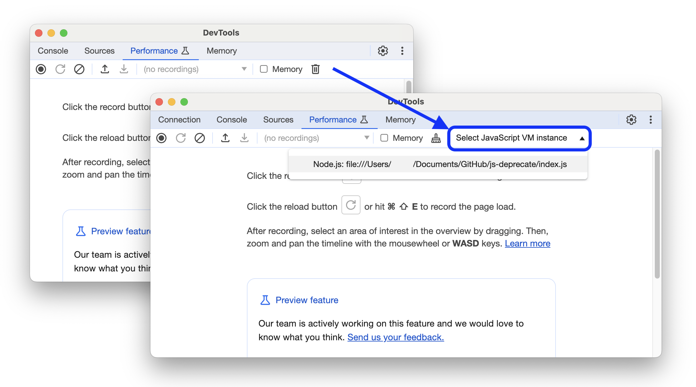 Antes y después de agregar un nuevo menú que te permite seleccionar una instancia de VM de JavaScript.