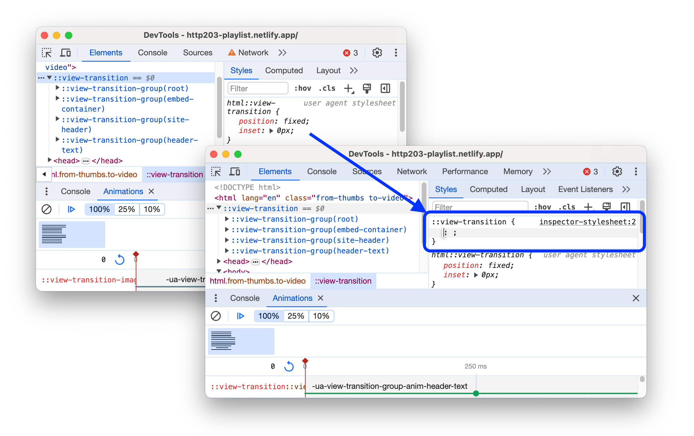 La compatibilidad de edición anterior y posterior de los pseudoelementos de transición de vista