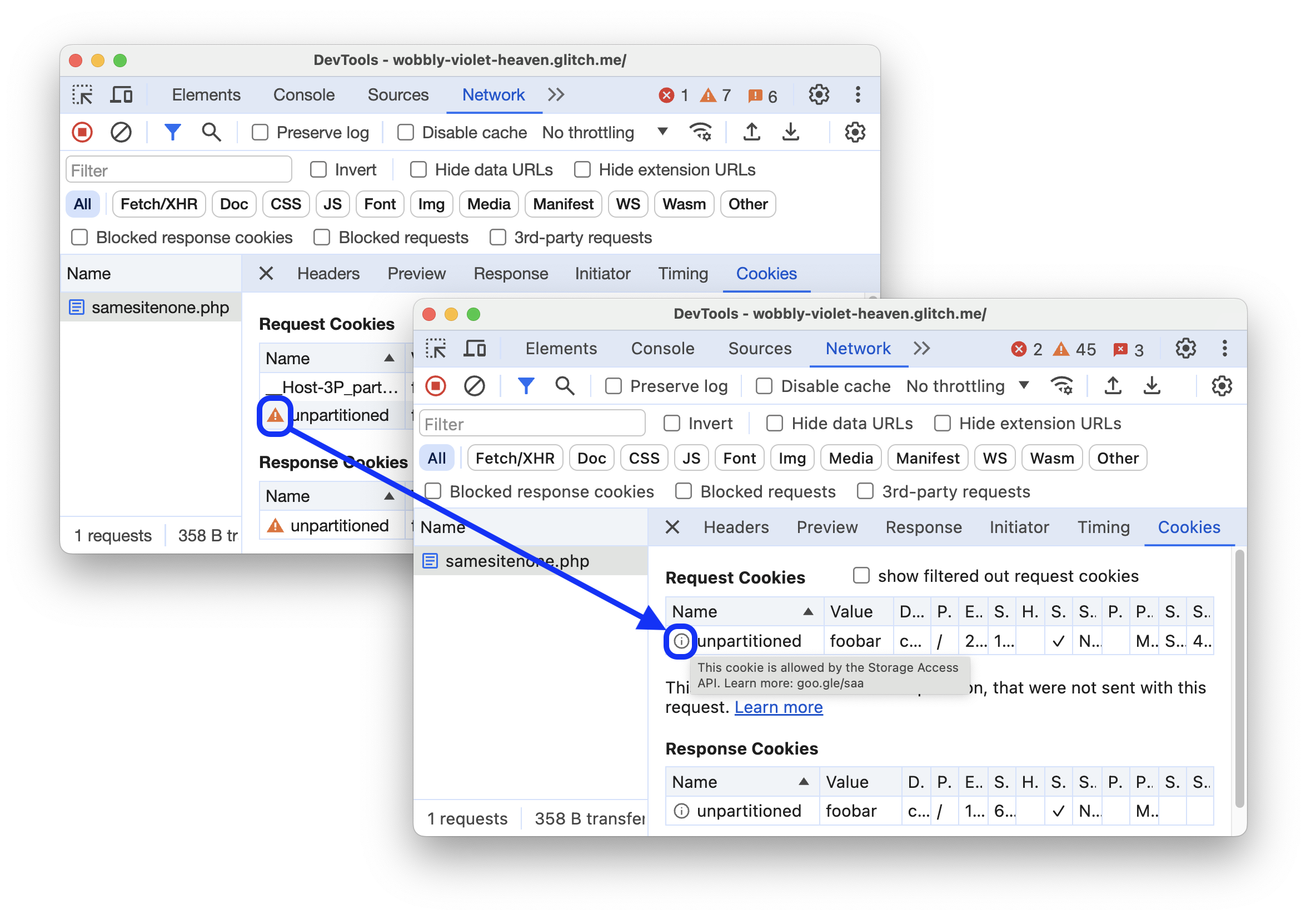 Vorher- und Nachher-Bild mit einem Tooltip, der einen Grund für die Ausnahme eines Drittanbieter-Cookies enthält.