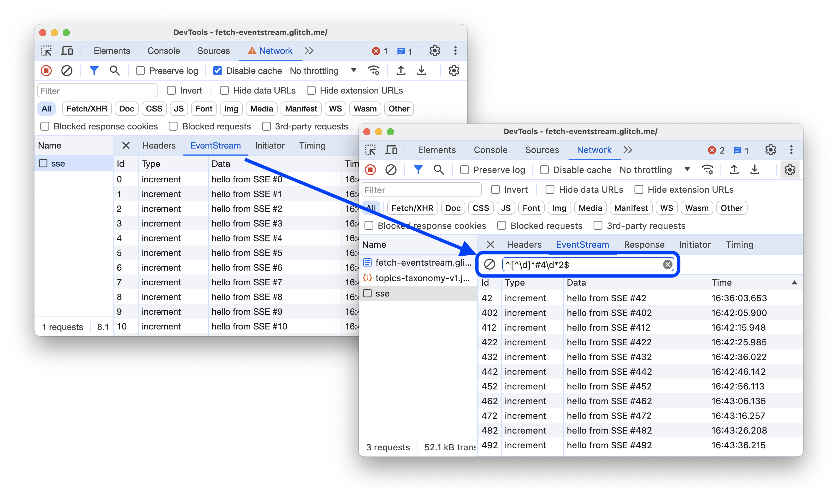 The before and after adding a Clear button and search filter.