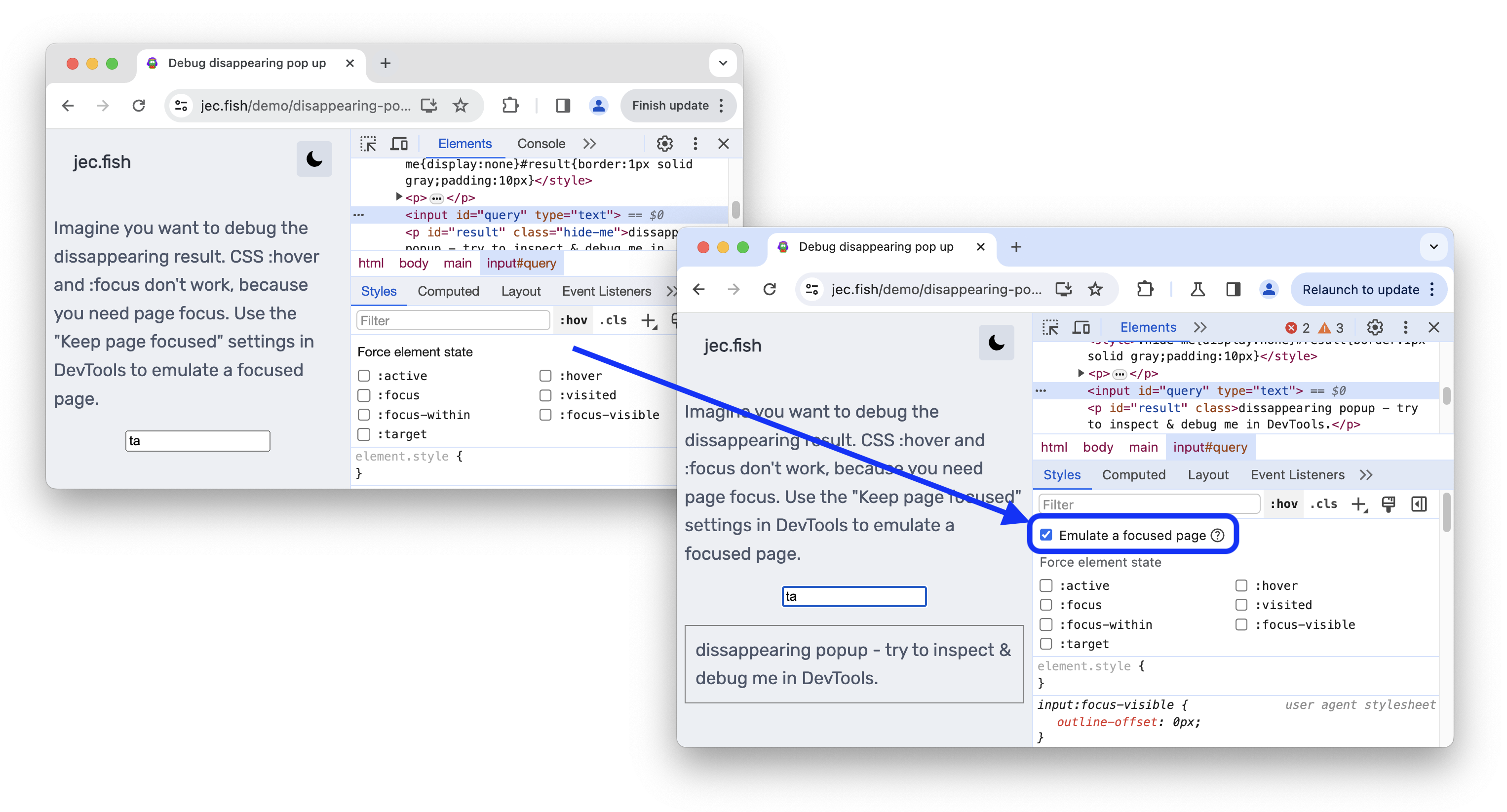 The before and after emulating a focused page in the Styles tab.