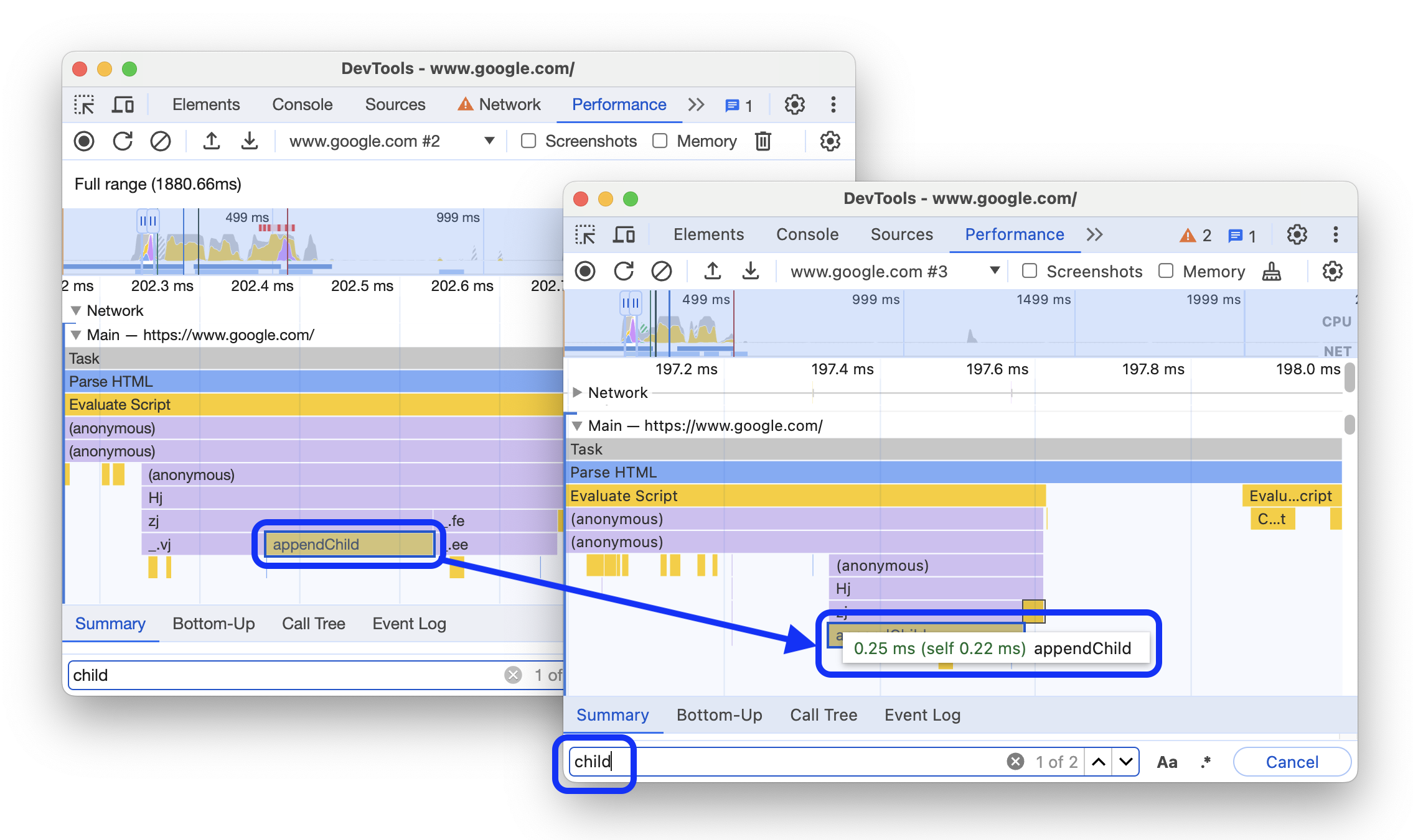 صورة قبل وبعد توضّح ظهور نافذة منبثقة فوق نتيجة البحث المحدّدة