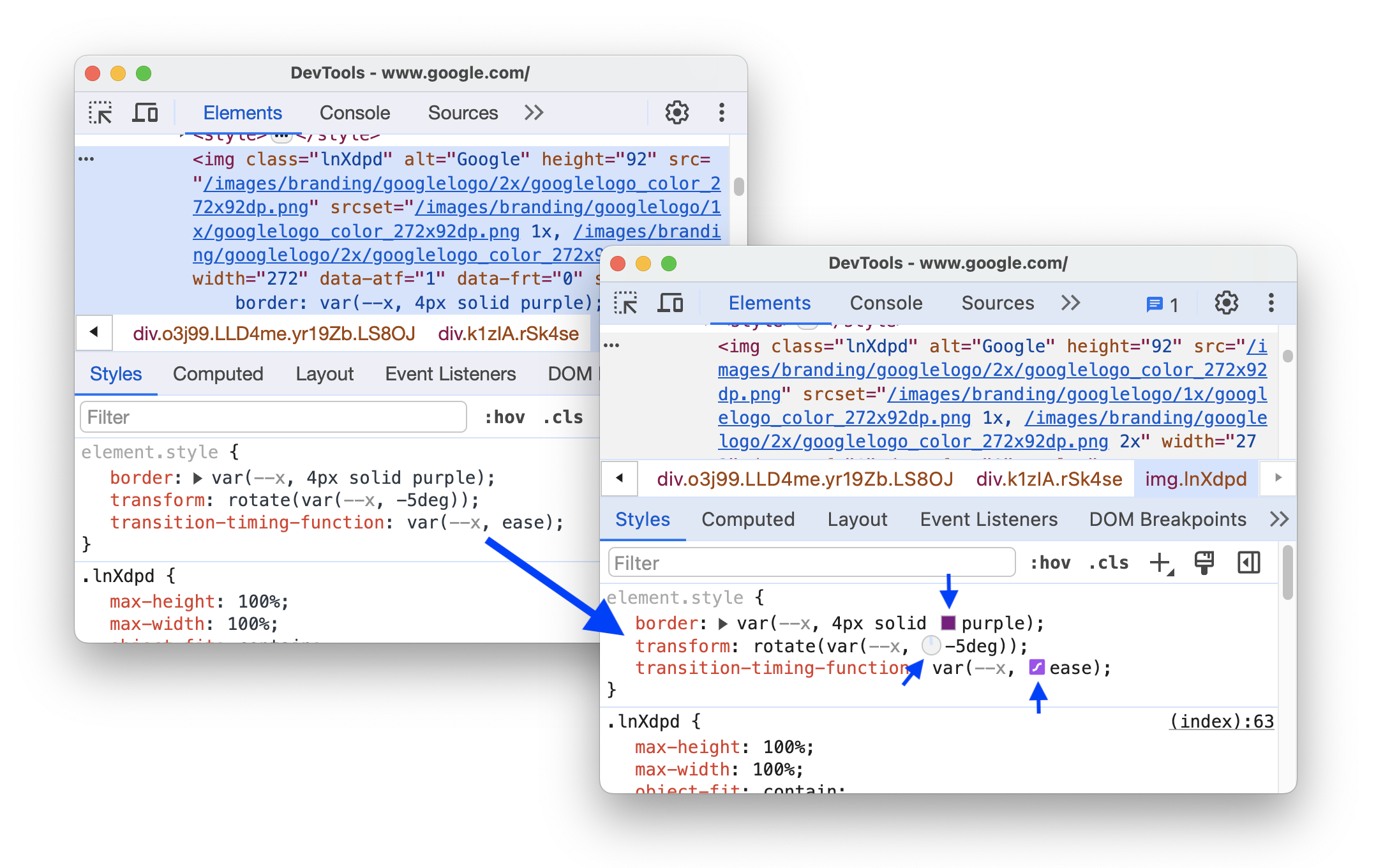 El antes y el después de la renderización de las herramientas Selector de color, Reloj de ángulo y Editor de Aceleración en los resguardos de var().