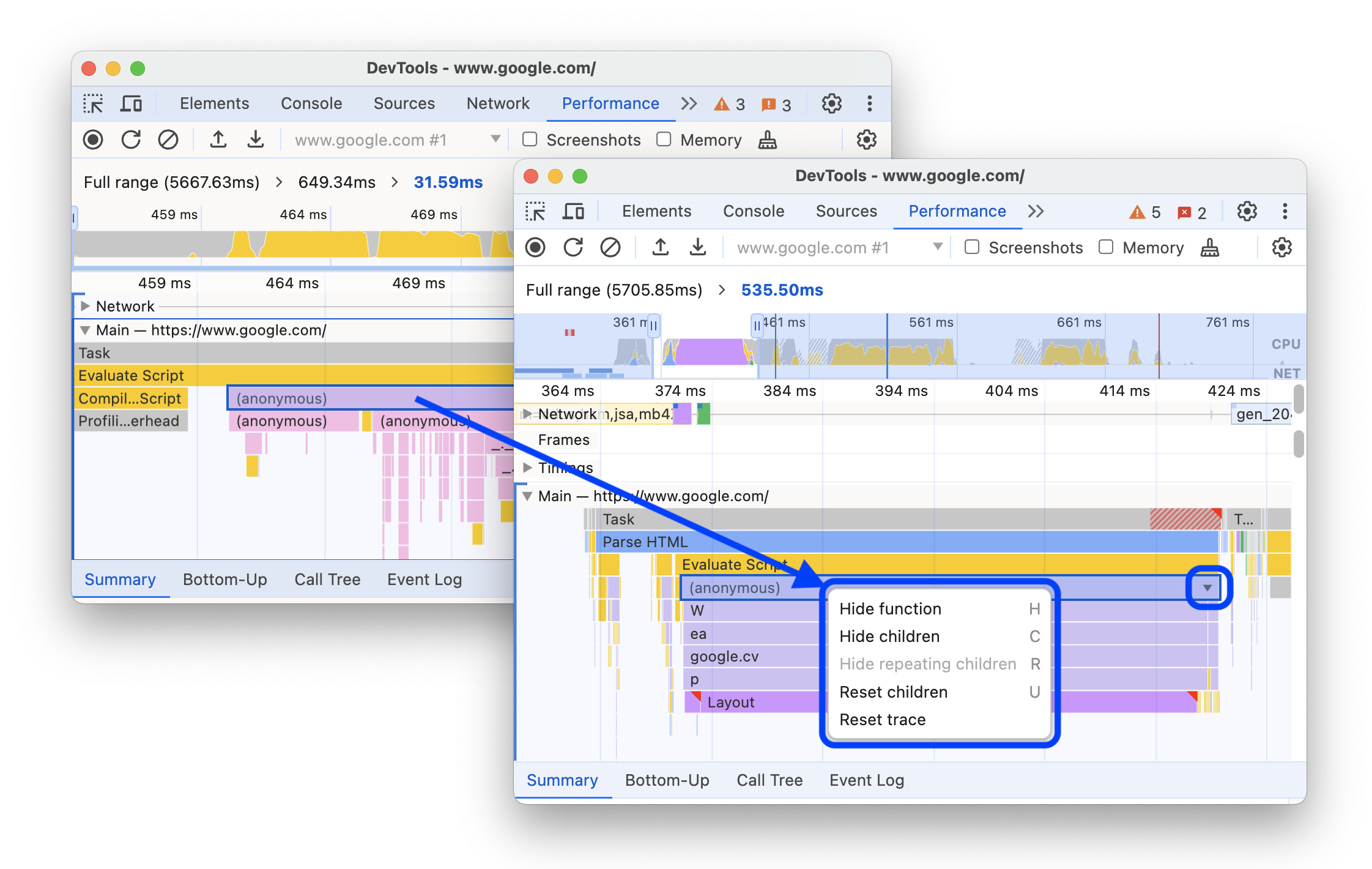 The before and after adding a context menu that lets you hide functions and their children.