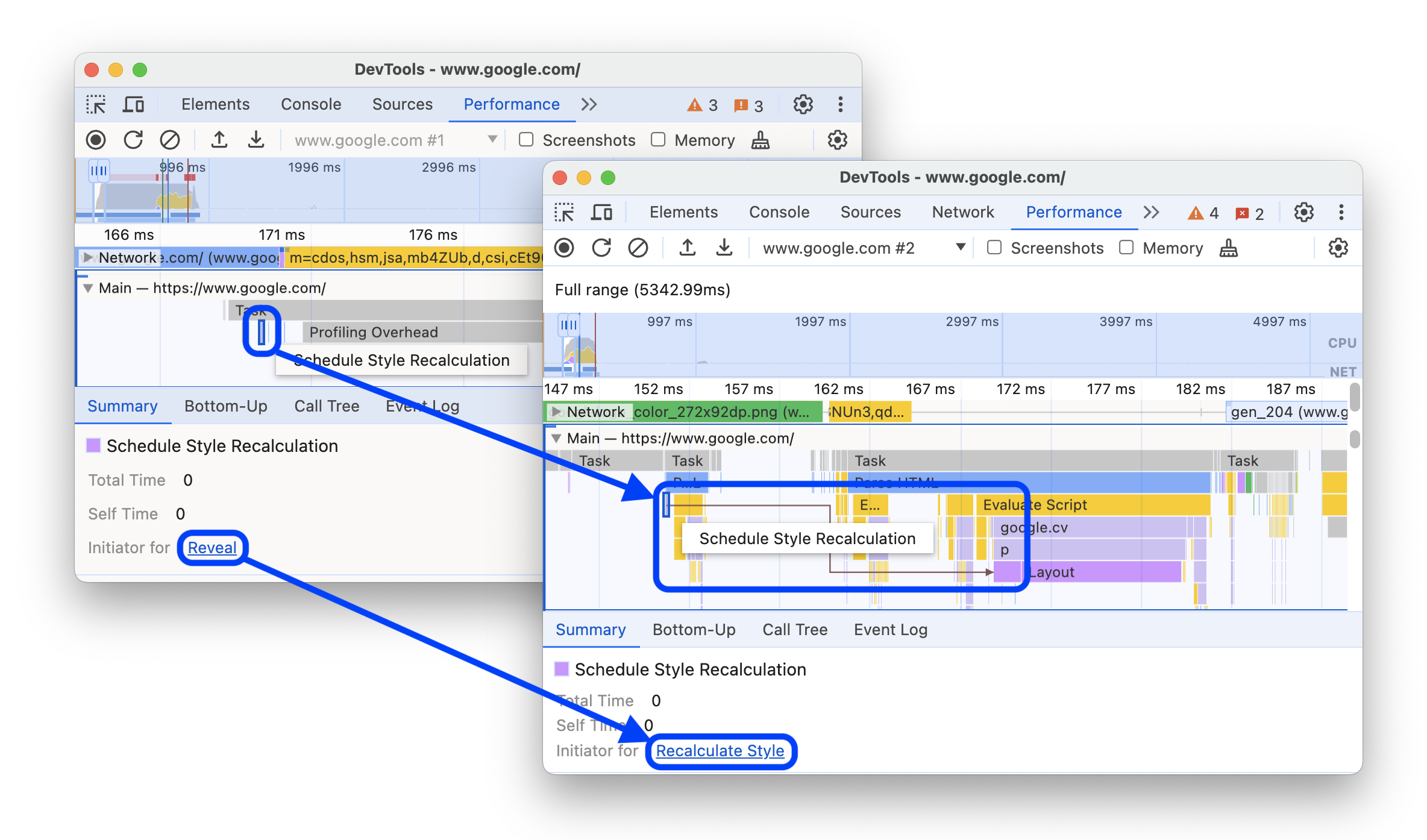 Il prima e il dopo che mostrano frecce da eventi selezionati a eventi avviati e link denominati al posto di Mostra.