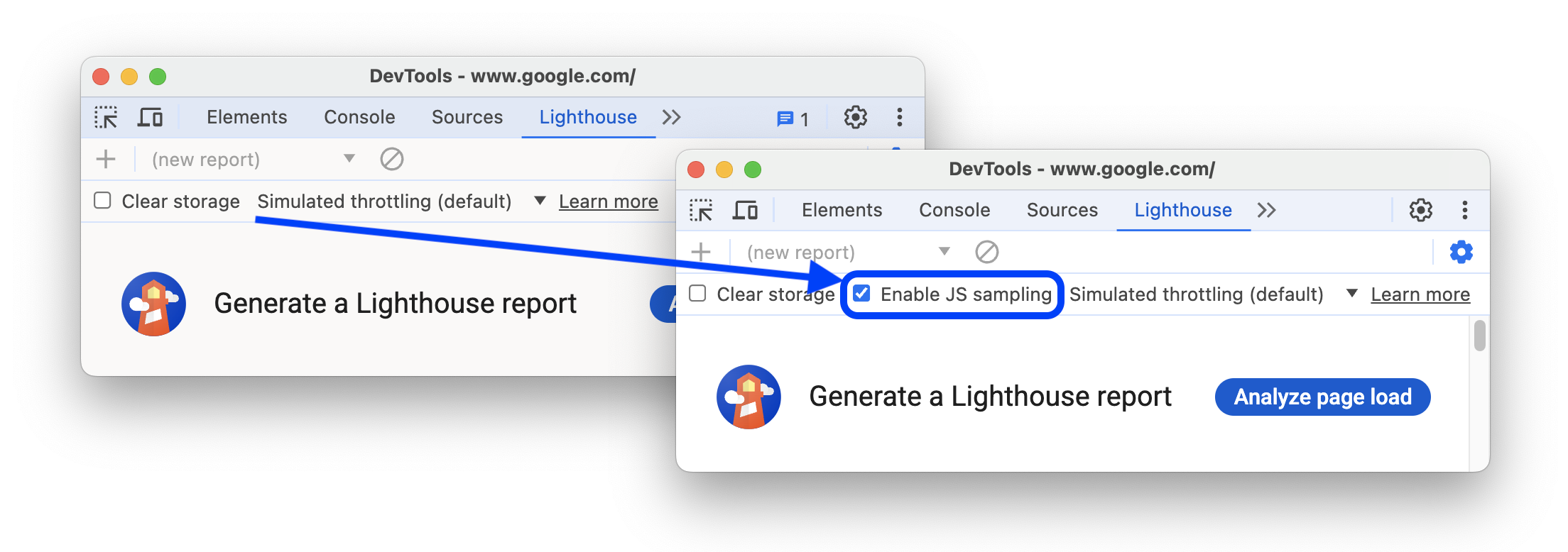 Antes e depois de adicionar uma configuração de amostragem JS de ativação