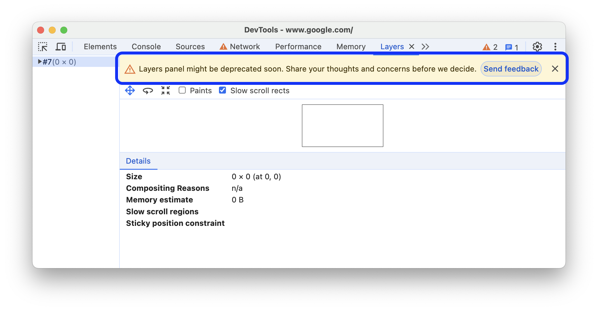 The warning banner announcing the potential deprecation at the top of the Layers panel.