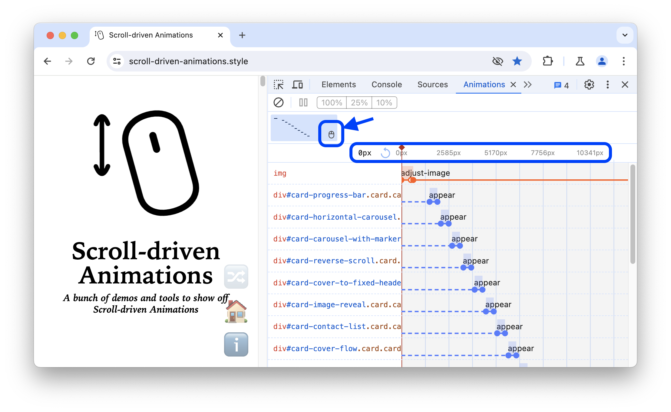 A group of scroll-driven animations marked with a mouse icon.