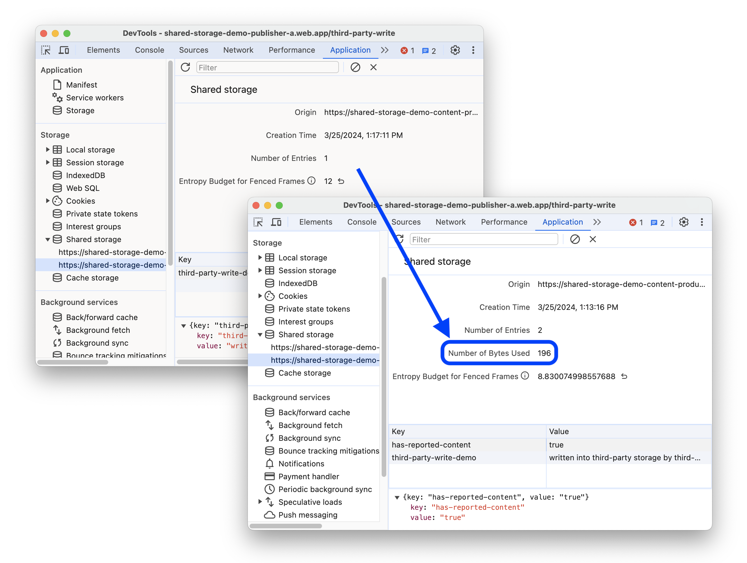 O antes e o depois mostrando quantos bytes são usados para o armazenamento compartilhado.