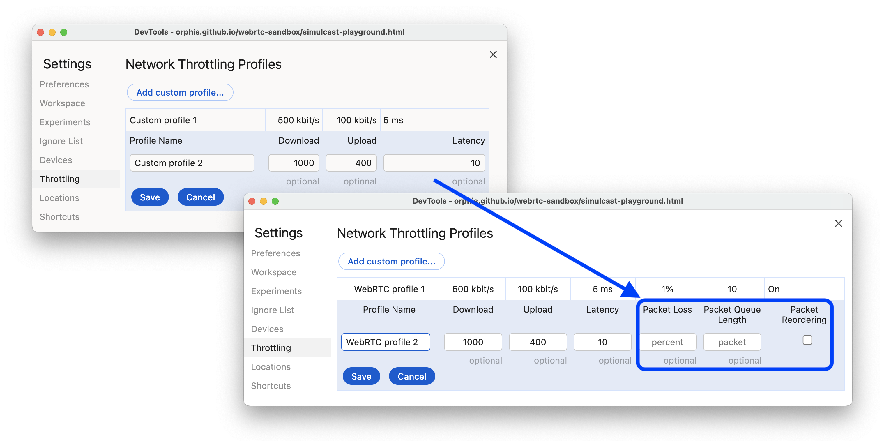 The before and after adding new packet-related options to custom throttling profiles.