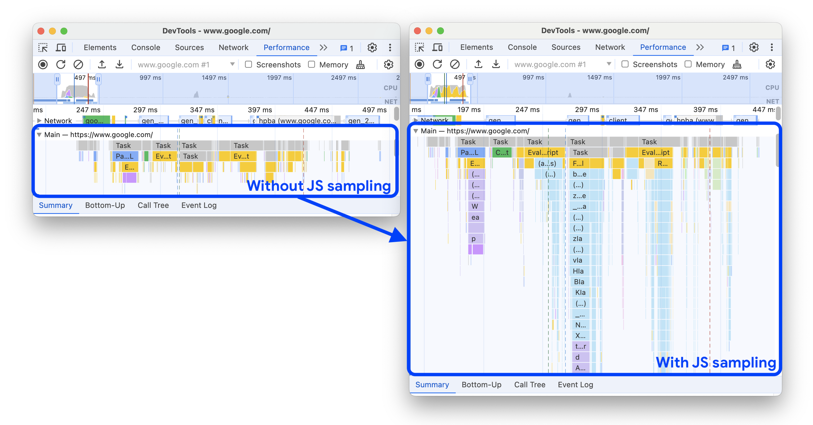 JS 샘플링이 없는 성능 추적 (왼쪽)과 JS 샘플링을 사용한 성능 트레이스 (오른쪽)